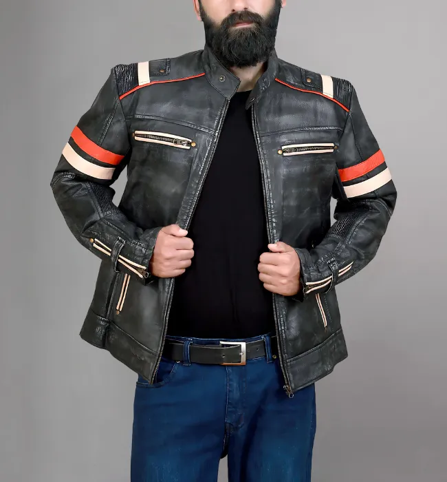 Men’s Cafe Racer Retro Moto Distressed Leather Jacket