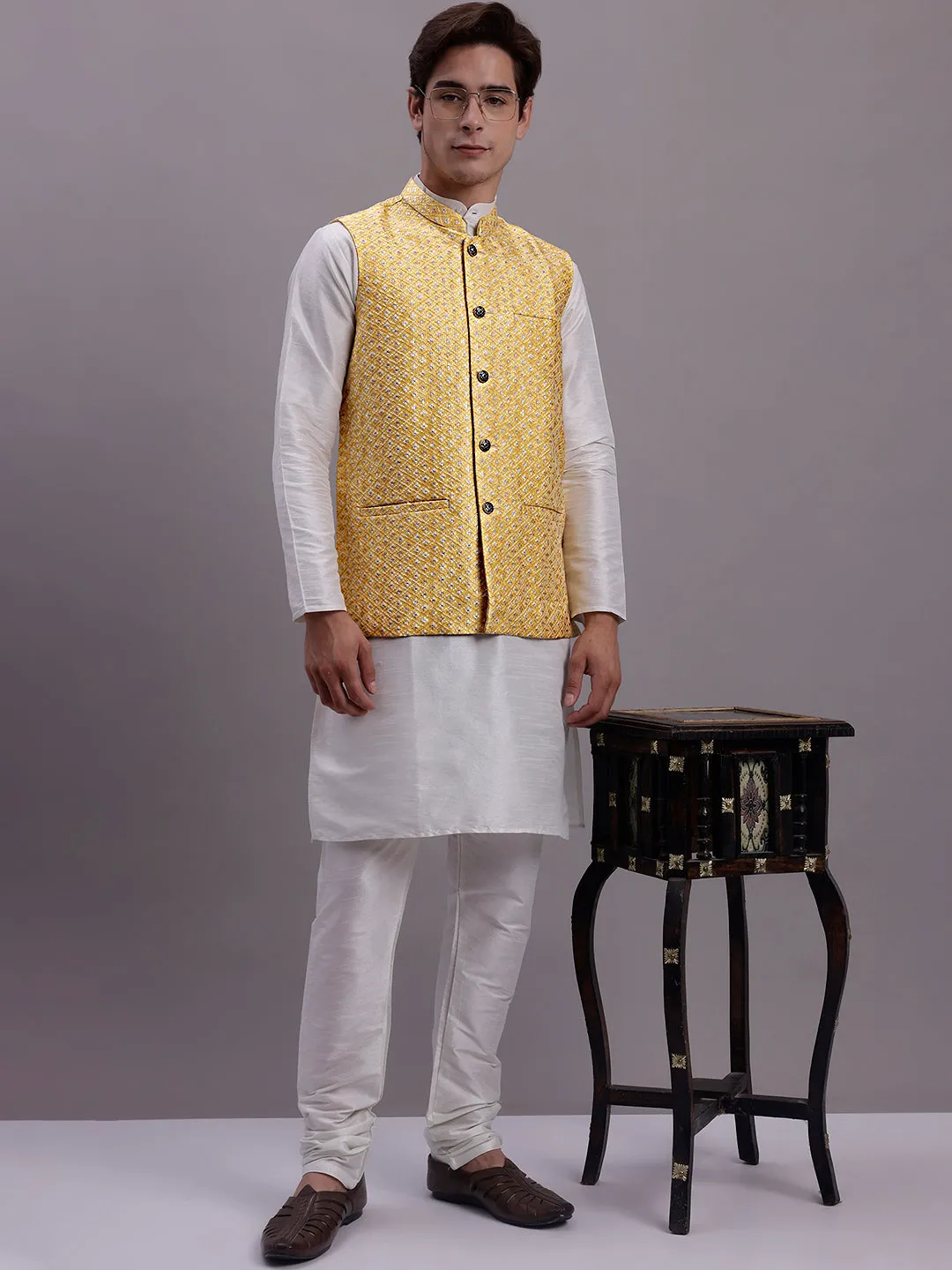 Men'S Golden Woven Design Nehru Jacket With Solid Kurta Pyjama.