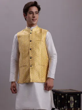 Men'S Golden Woven Design Nehru Jacket With Solid Kurta Pyjama.