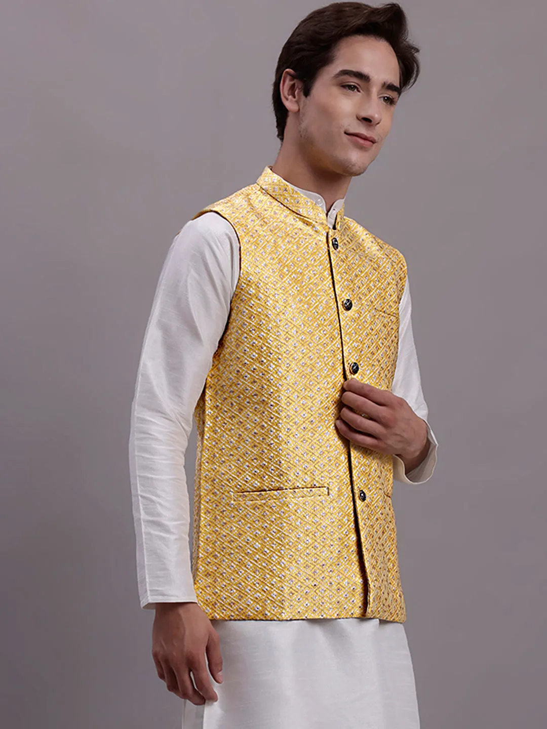 Men'S Golden Woven Design Nehru Jacket With Solid Kurta Pyjama.