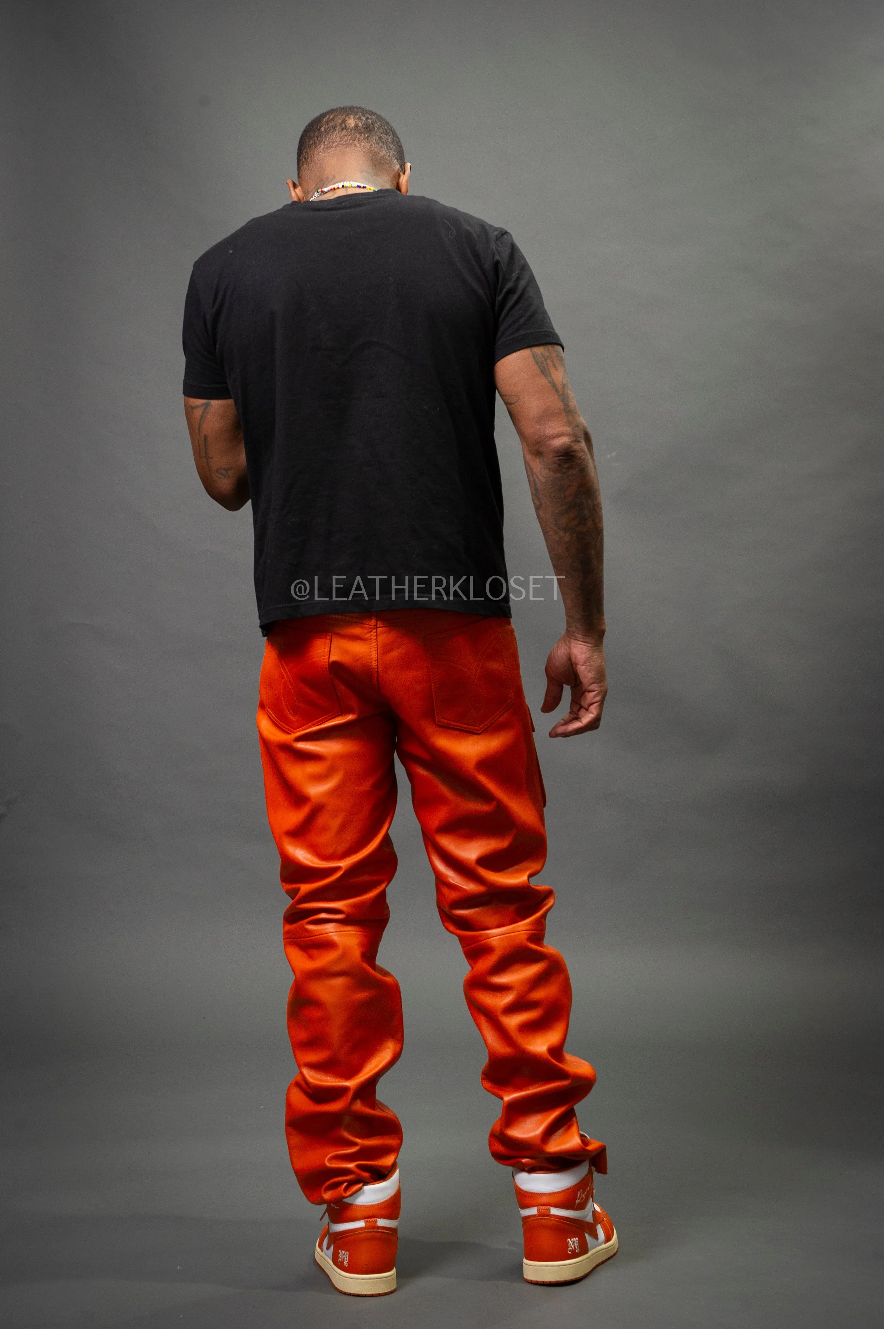 Men's Leather Cargo Jean Pants [Orange]