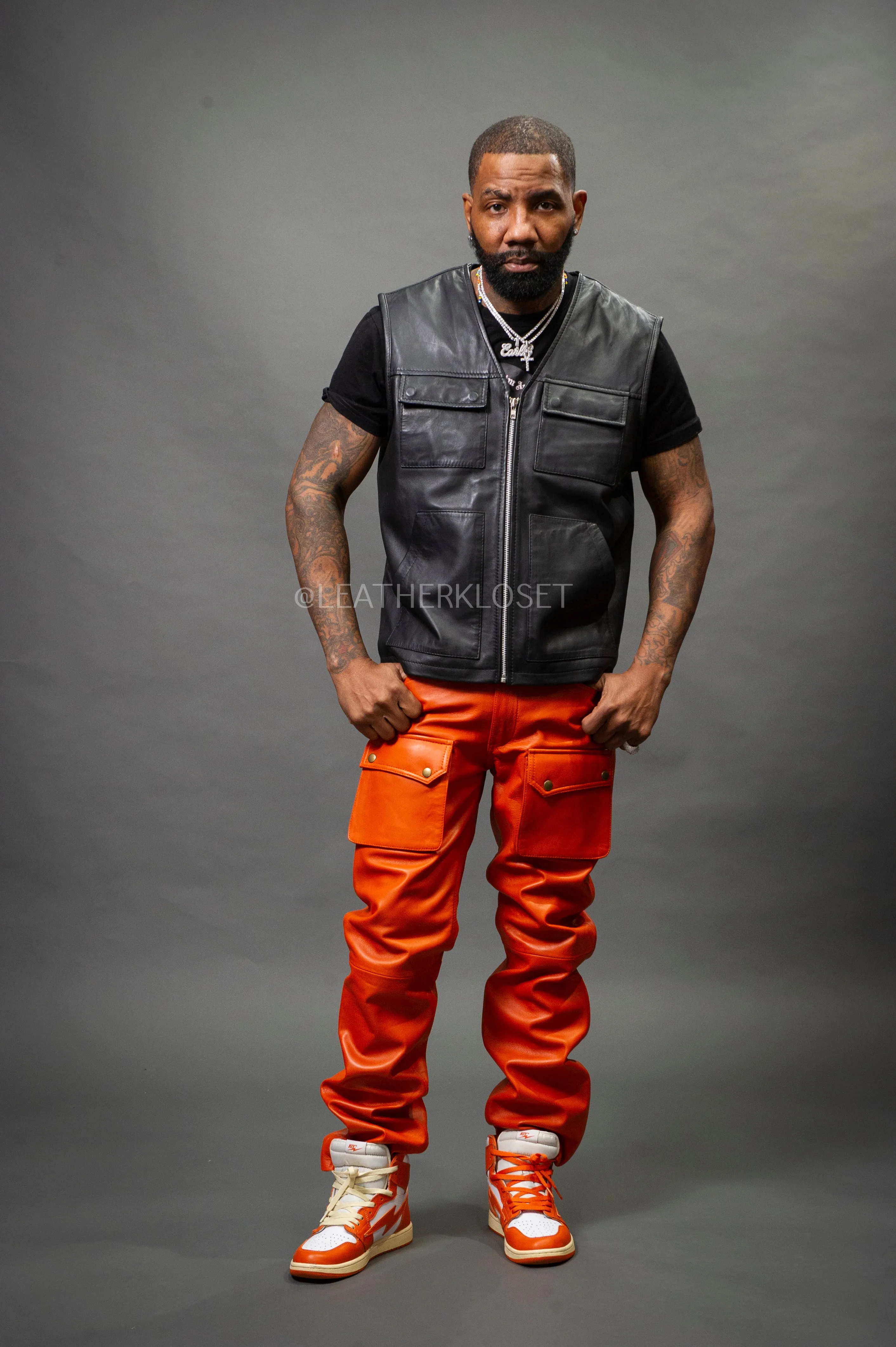 Men's Leather Cargo Jean Pants [Orange]