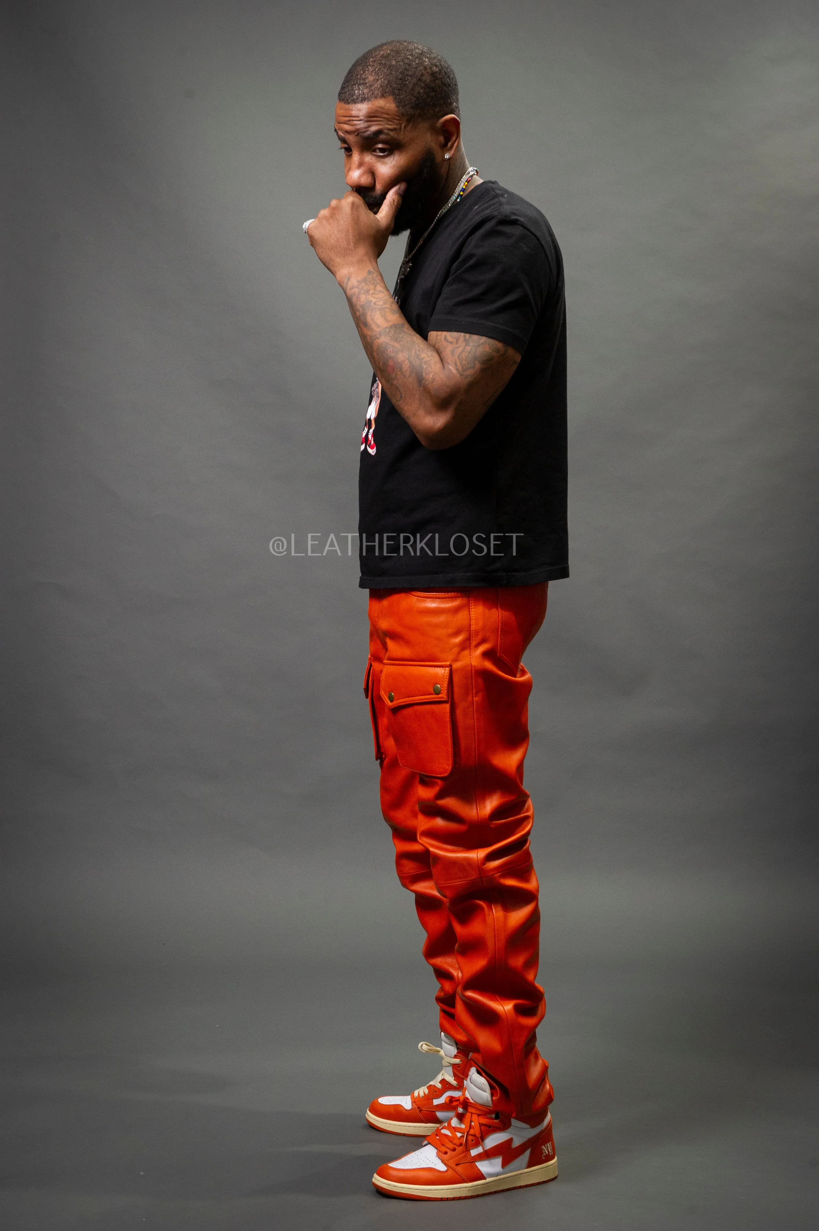 Men's Leather Cargo Jean Pants [Orange]