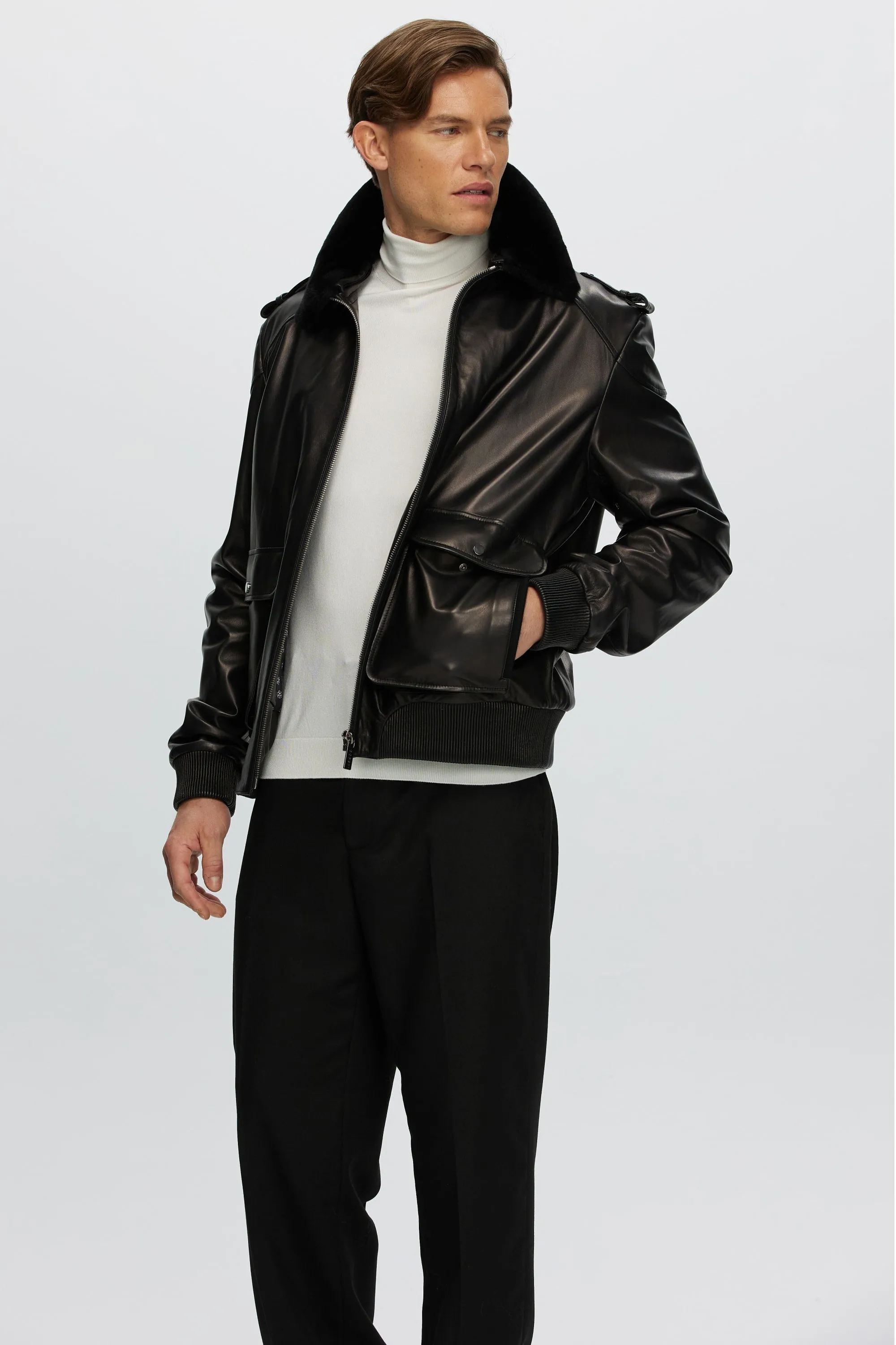 Men's Leather Jacket with Detachable Shearling Lamb Collar