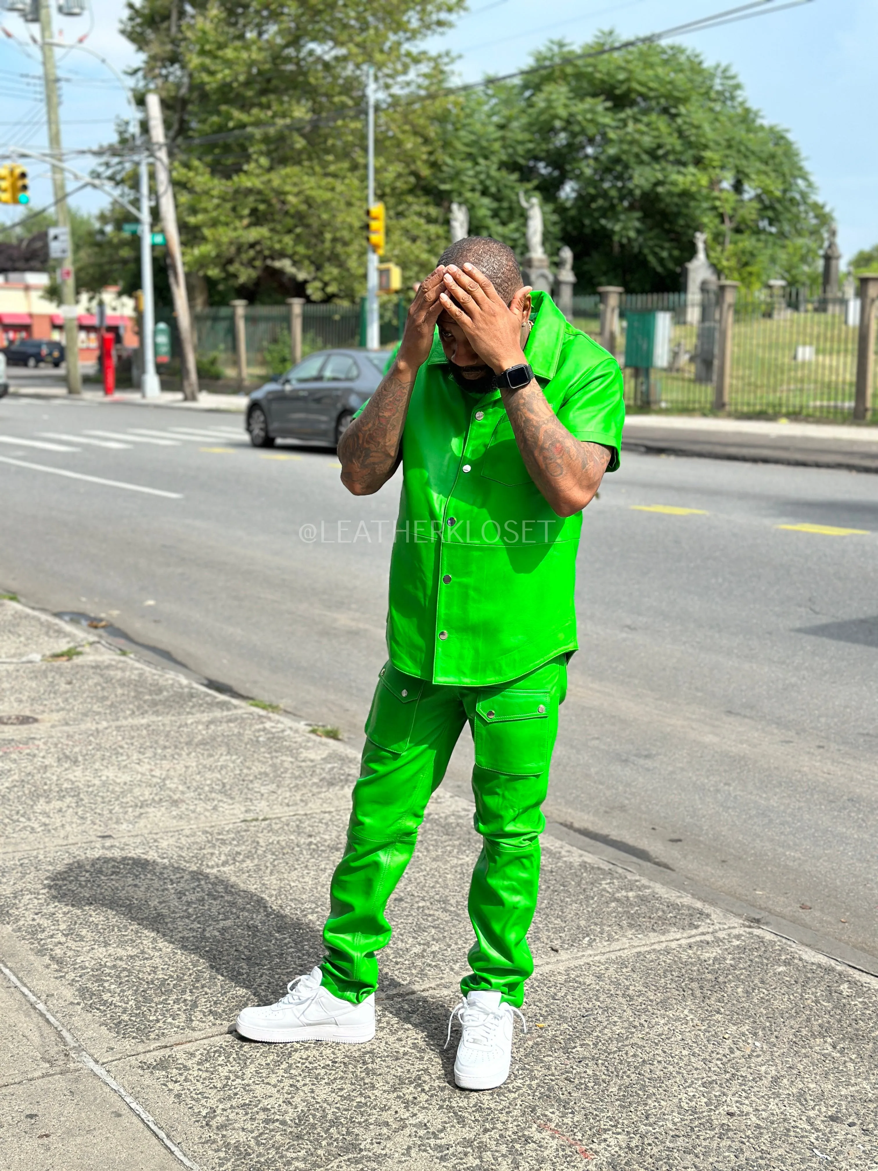 Men's Luka Leather Short Sleeve Shirt And Cargo Pants Set [Green]