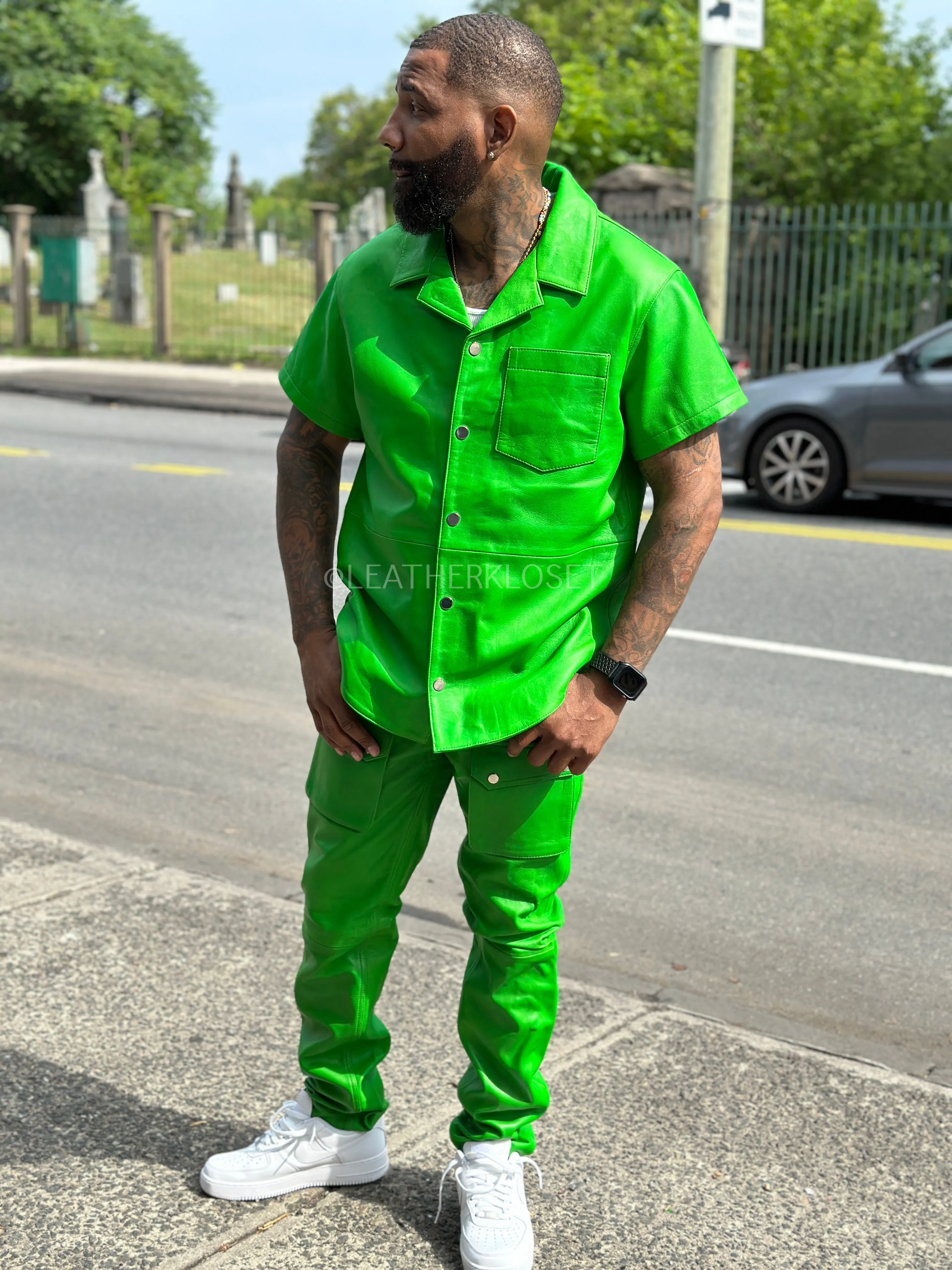 Men's Luka Leather Short Sleeve Shirt And Cargo Pants Set [Green]