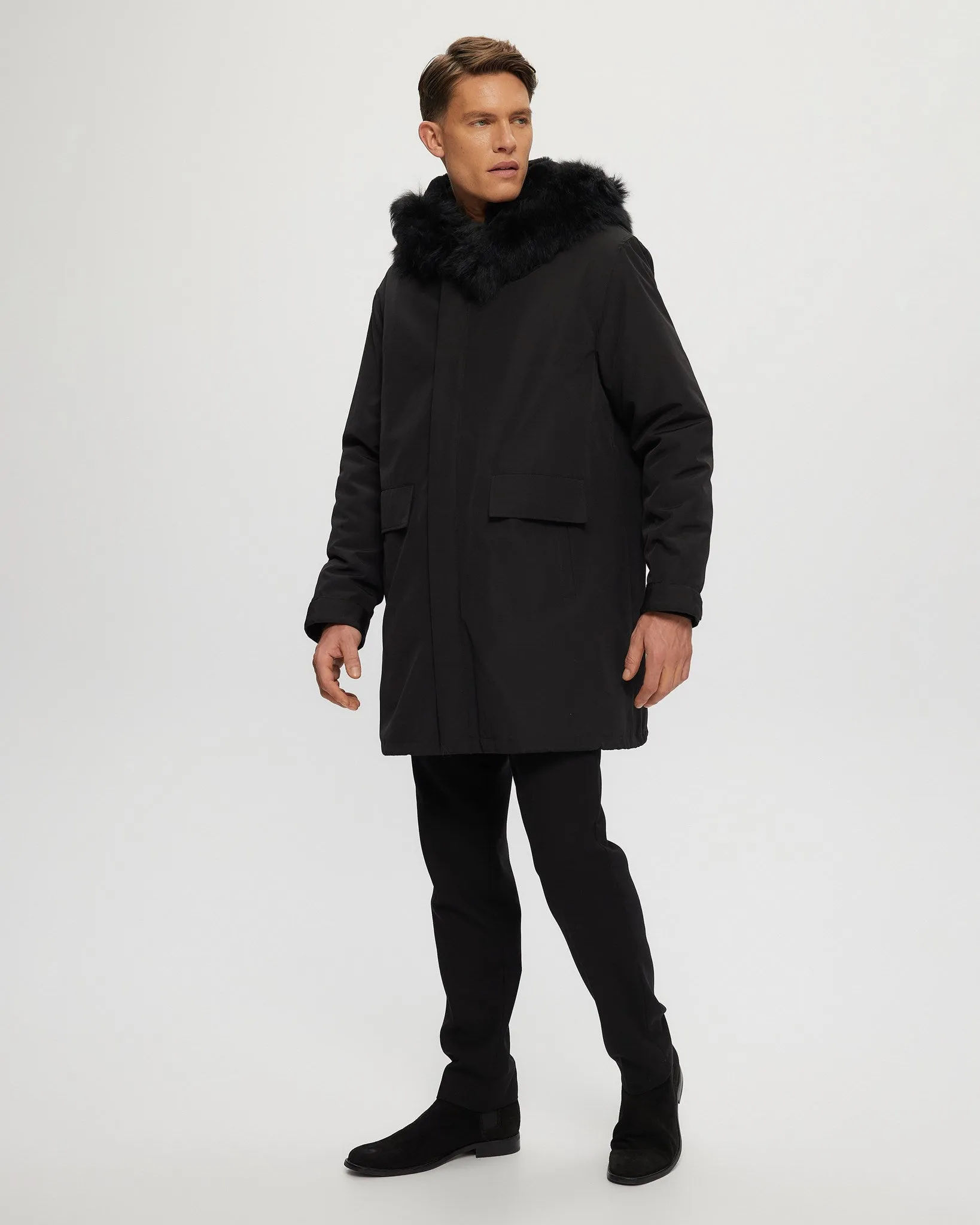 Men's Parka with Select Shearling Lamb Tuxedo and Hood Trim