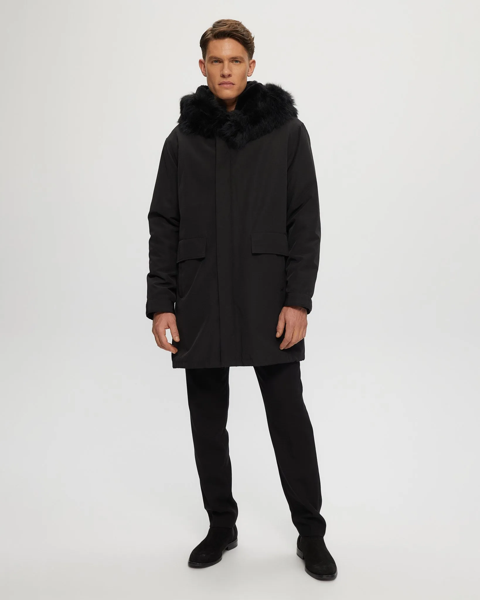 Men's Parka with Select Shearling Lamb Tuxedo and Hood Trim