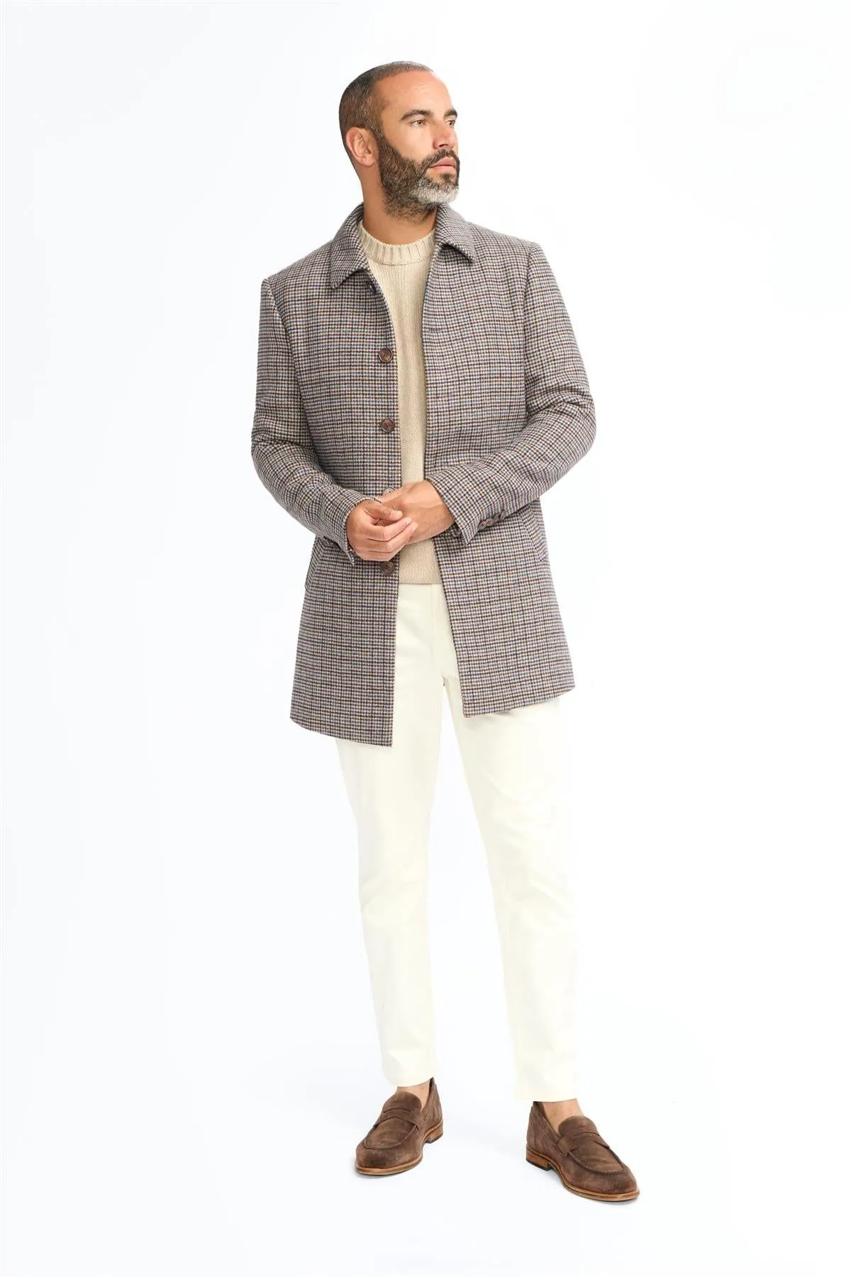 Men's Tan Brown Wool Blend Overcoat Jacket Dogtooth Tweed Coat