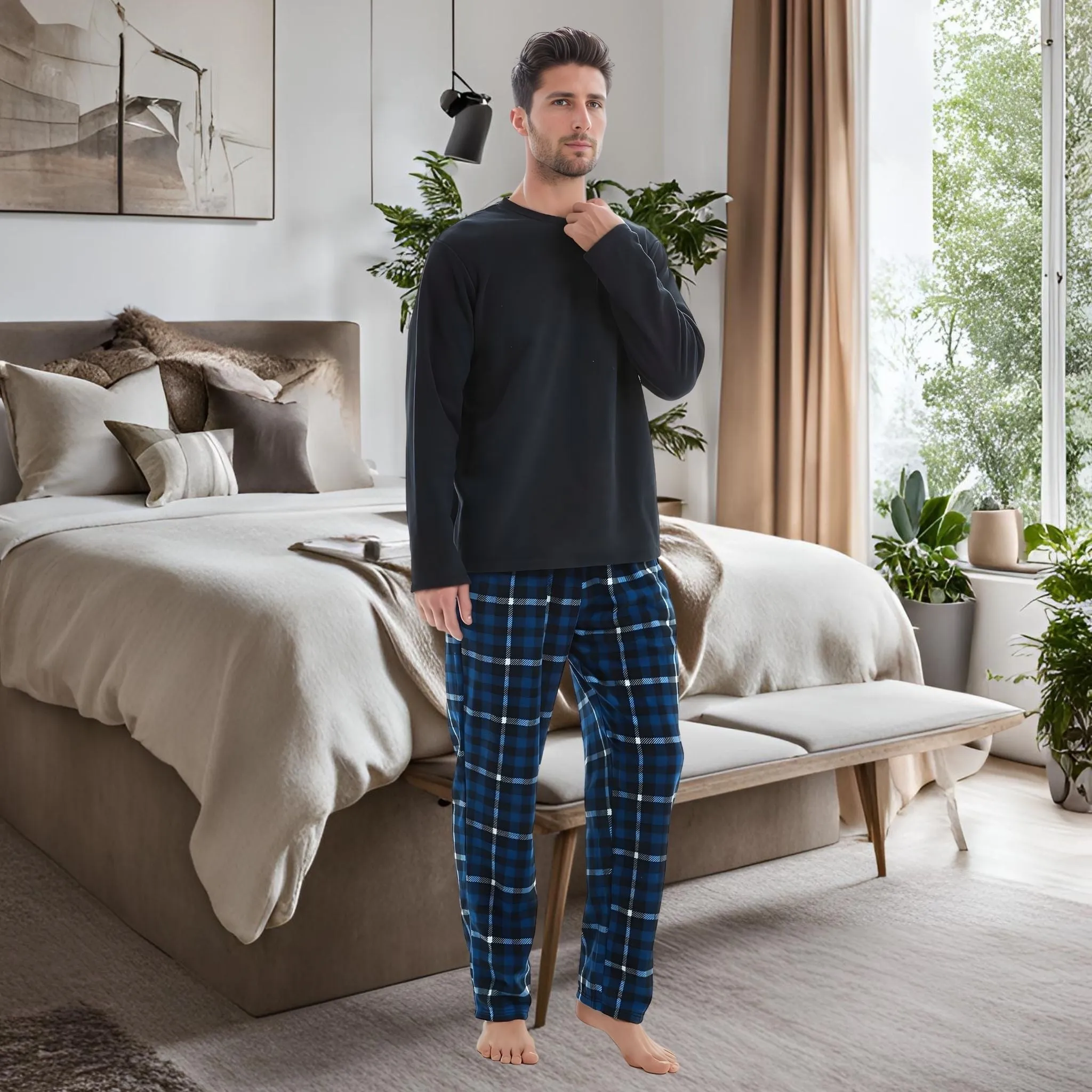 Mens Thermal Fleece Pyjama Set, Luxury Long Sleeve Pyjamas Navy Checked