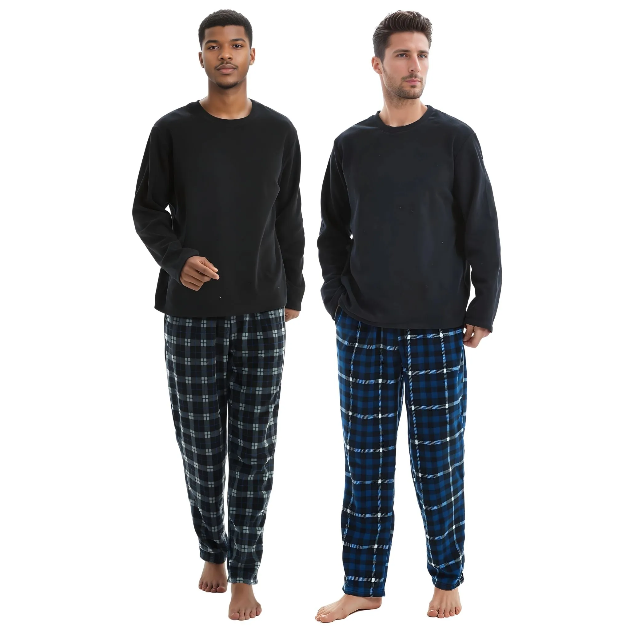 Mens Thermal Fleece Pyjama Set, Luxury Long Sleeve Pyjamas Navy Checked