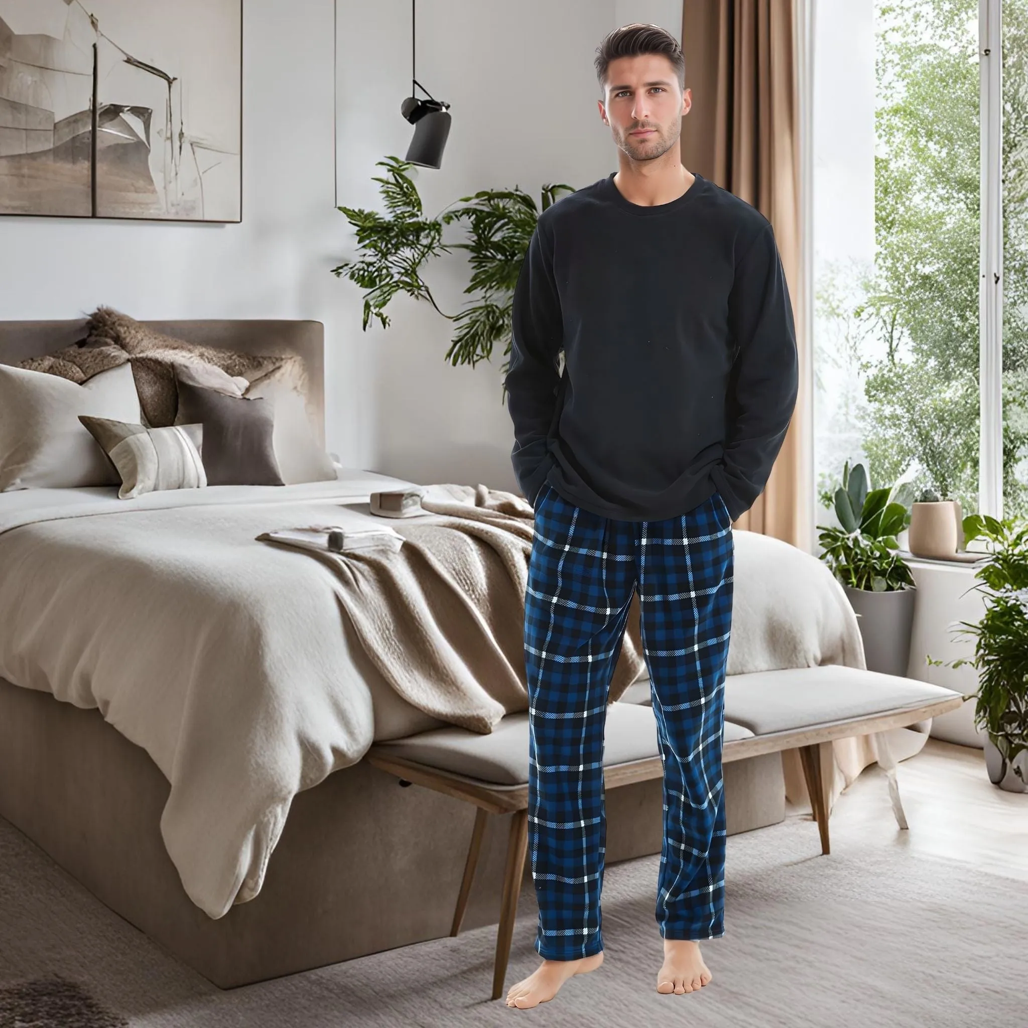 Mens Thermal Fleece Pyjama Set, Luxury Long Sleeve Pyjamas Navy Checked