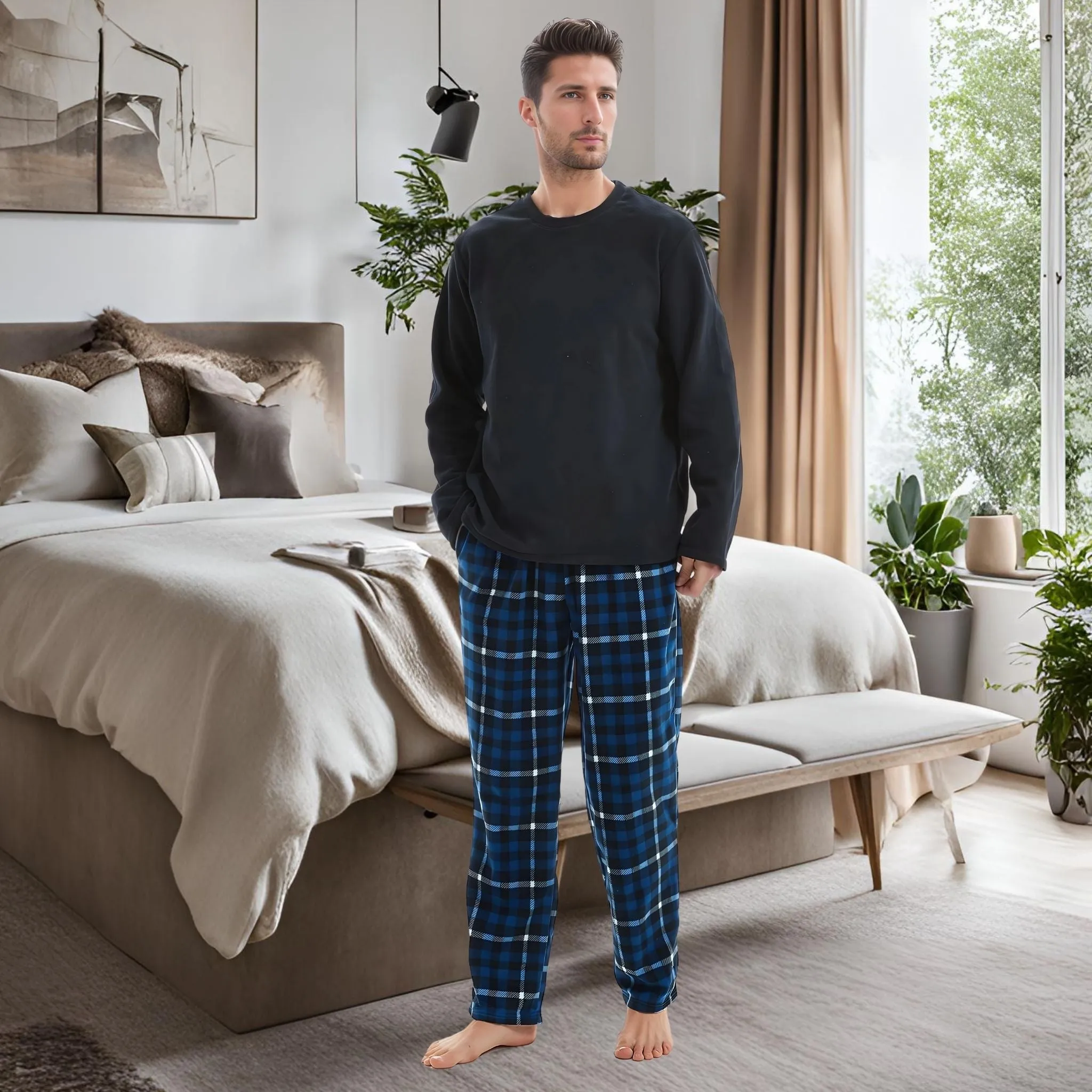 Mens Thermal Fleece Pyjama Set, Luxury Long Sleeve Pyjamas Navy Checked