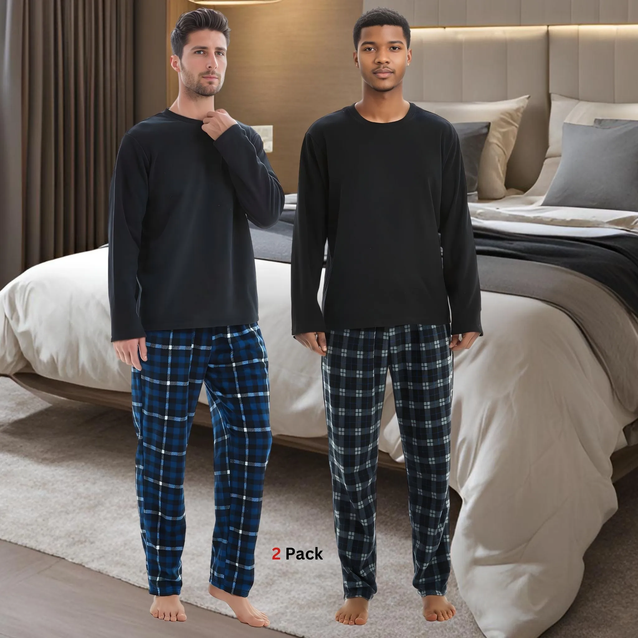 Mens Thermal Fleece Pyjama Set, Luxury Long Sleeve Pyjamas Navy Checked