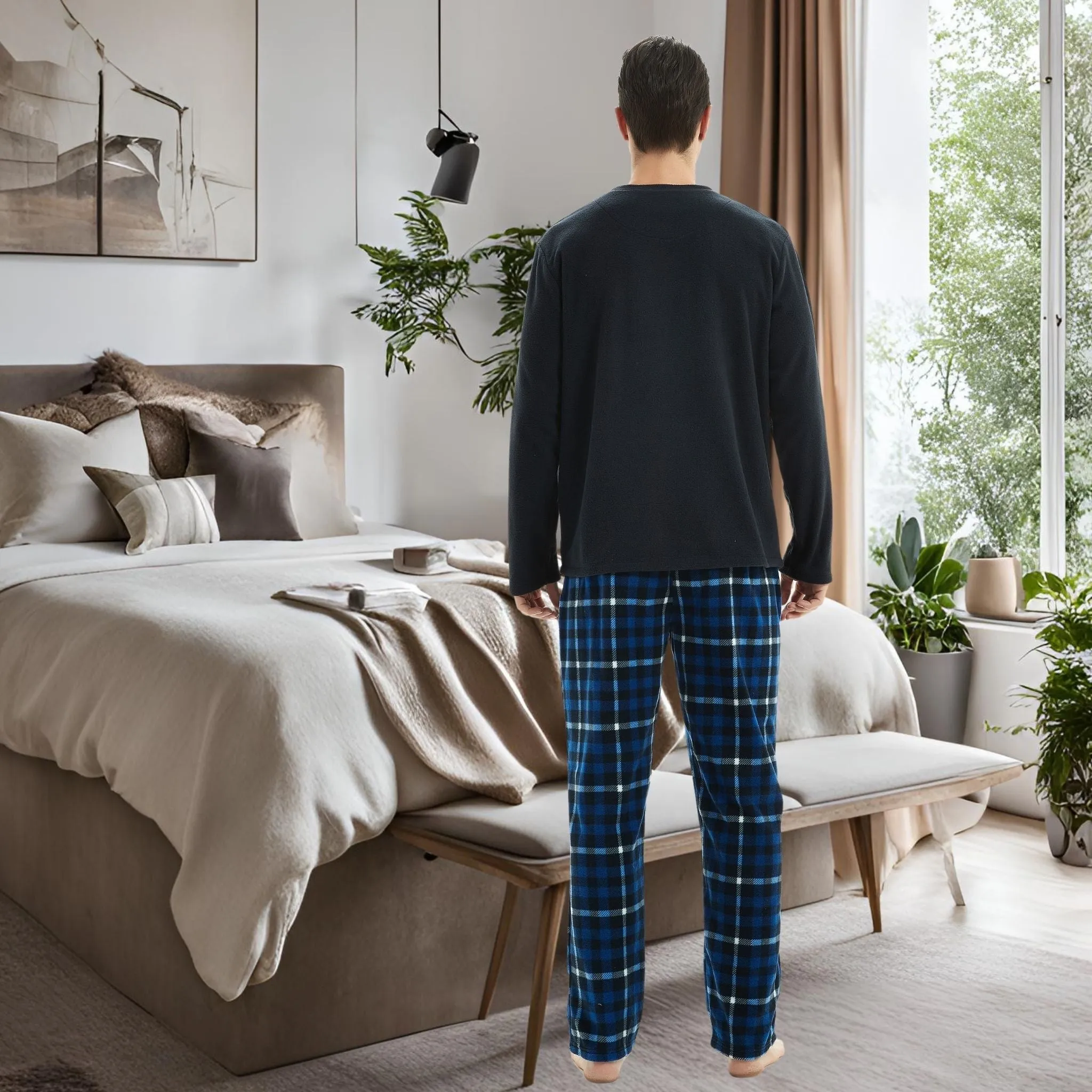 Mens Thermal Fleece Pyjama Set, Luxury Long Sleeve Pyjamas Navy Checked