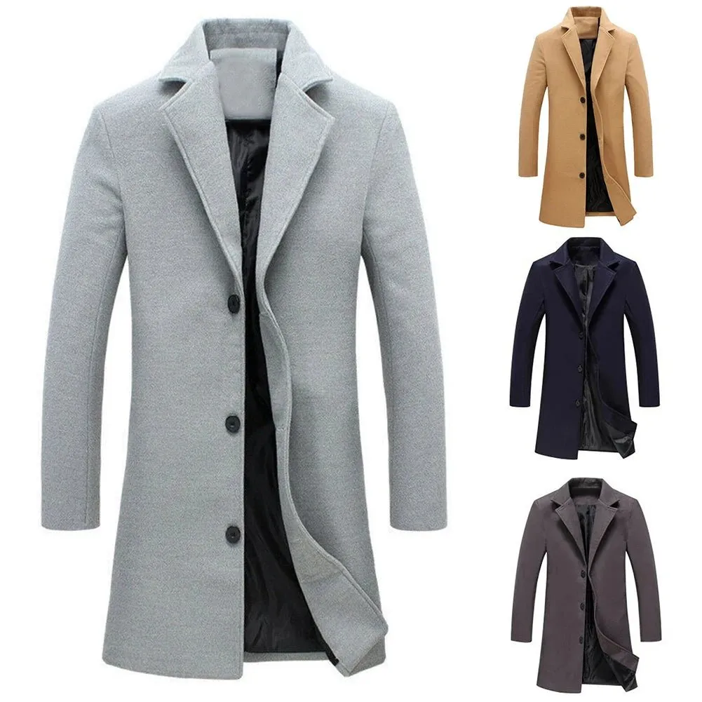 Men's Woolen Coats Single Breasted Long Coat - Plus Size