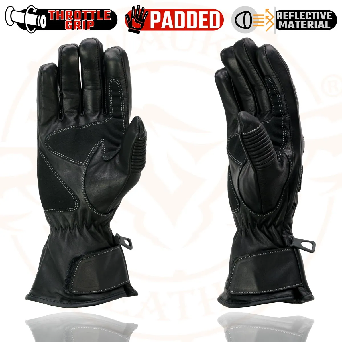 Milwaukee Leather SH607 Men's Black Leather Gauntlet Padded Back Racing Motorcycle Hand Gloves W/ Reflective Piping.