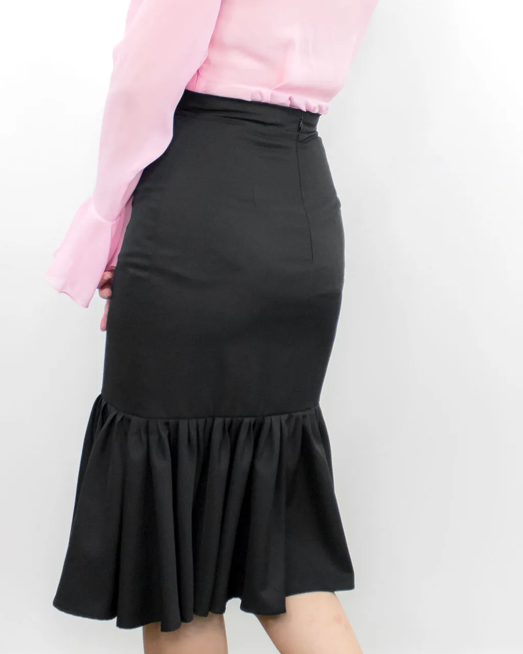 Myrto Black Pencil Ruffle Midi Skirt