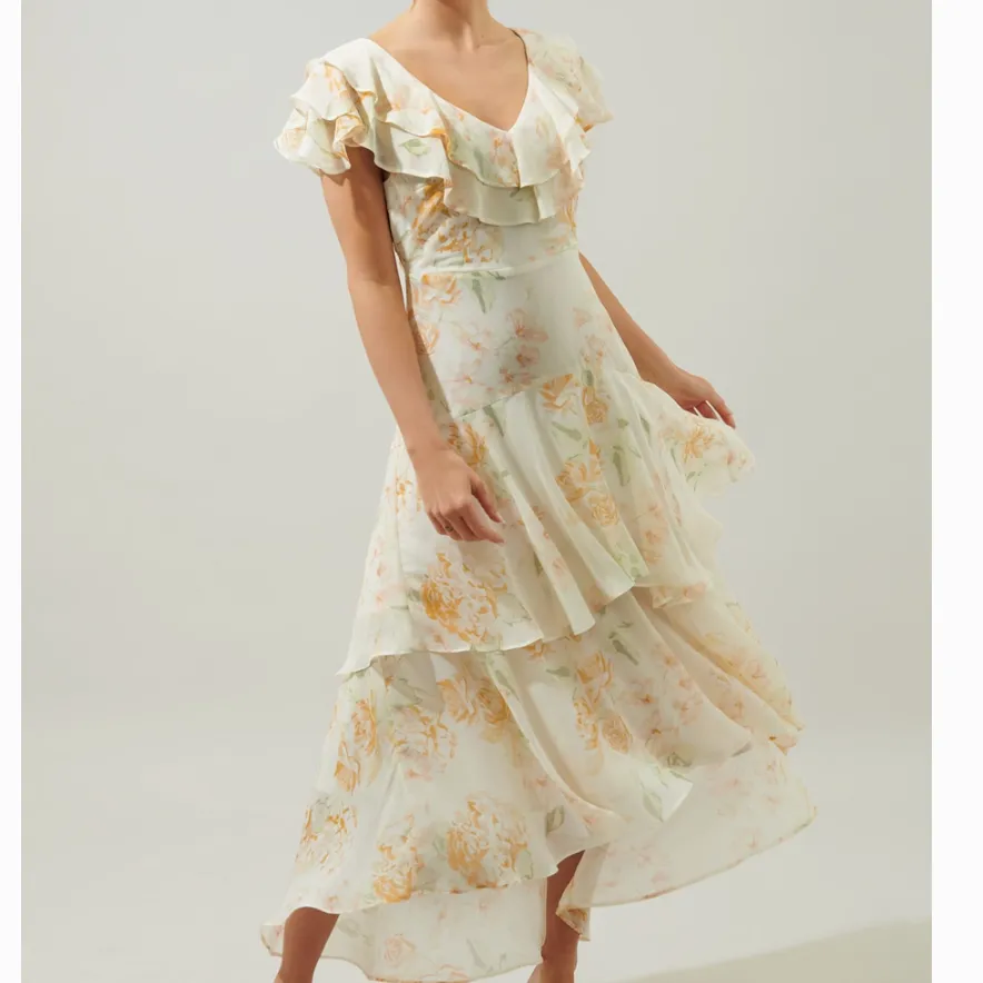 Once Upon A Time Ruffle Tiered Floral Ivory Midi Dress