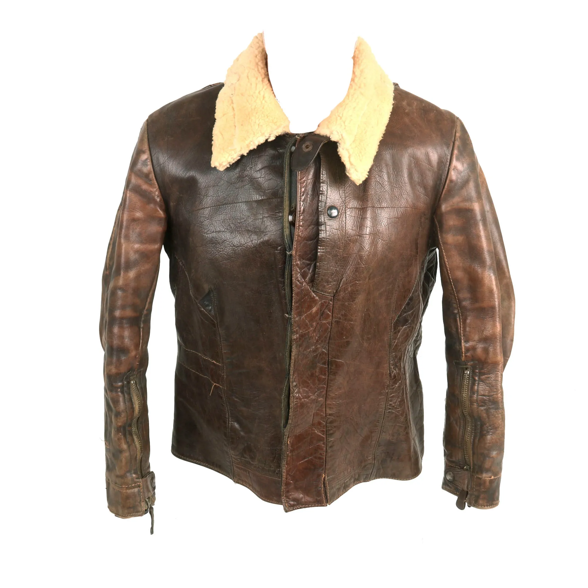 Original German WWII Luftwaffe Pilot's Brown Leather Flight Jacket with Shearling Collar