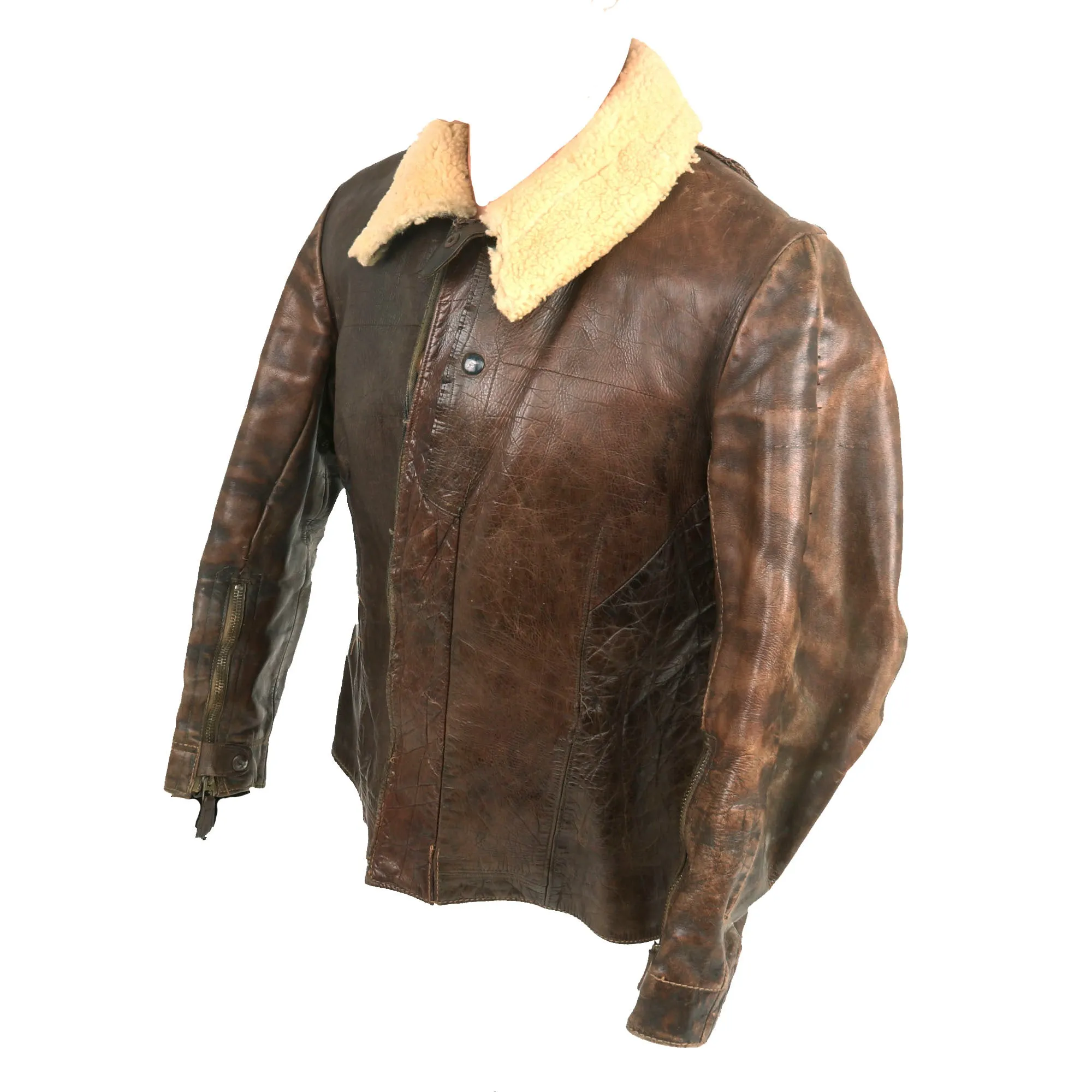 Original German WWII Luftwaffe Pilot's Brown Leather Flight Jacket with Shearling Collar