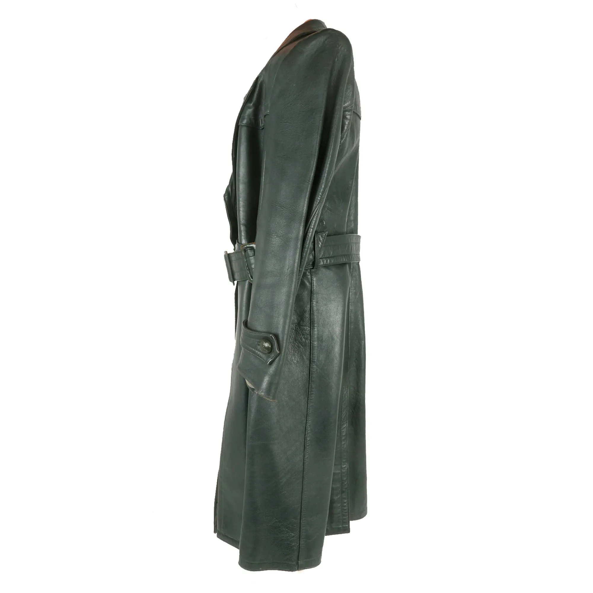 Original German WWII Officer's Private Purchase Gray Leather Greatcoat by Bernhard Blohm of Kiel