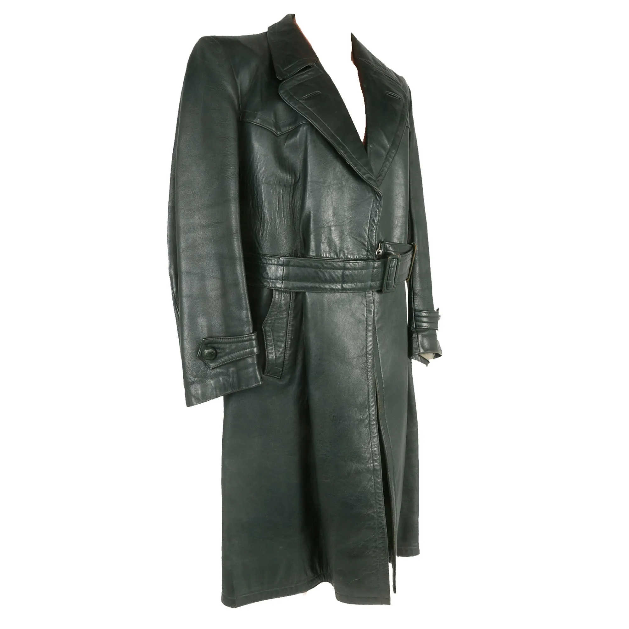 Original German WWII Officer's Private Purchase Gray Leather Greatcoat by Bernhard Blohm of Kiel