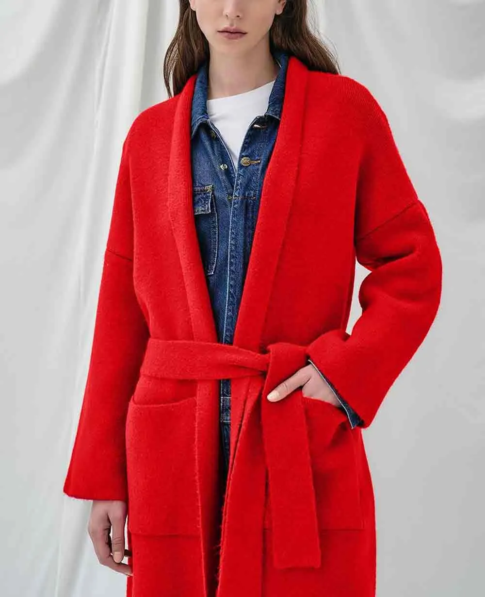 OVERSIZED KNIT COAT WITH BELT RED