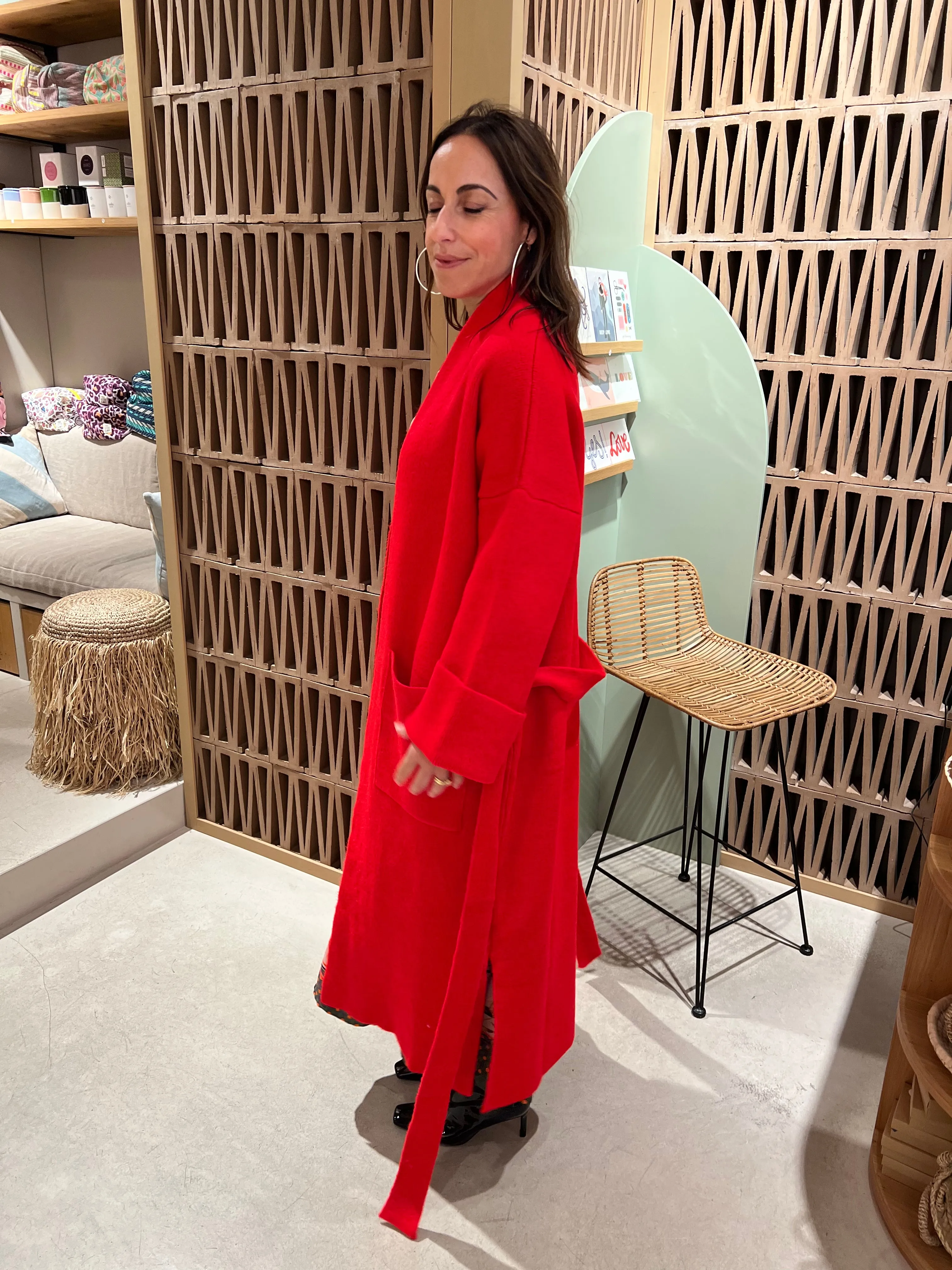 OVERSIZED KNIT COAT WITH BELT RED