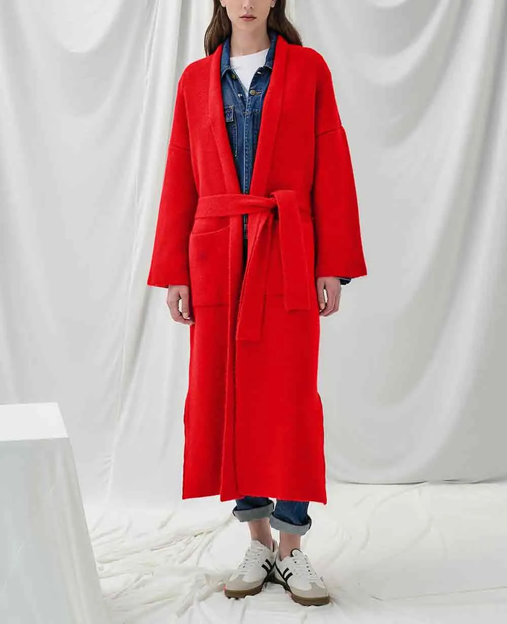 OVERSIZED KNIT COAT WITH BELT RED