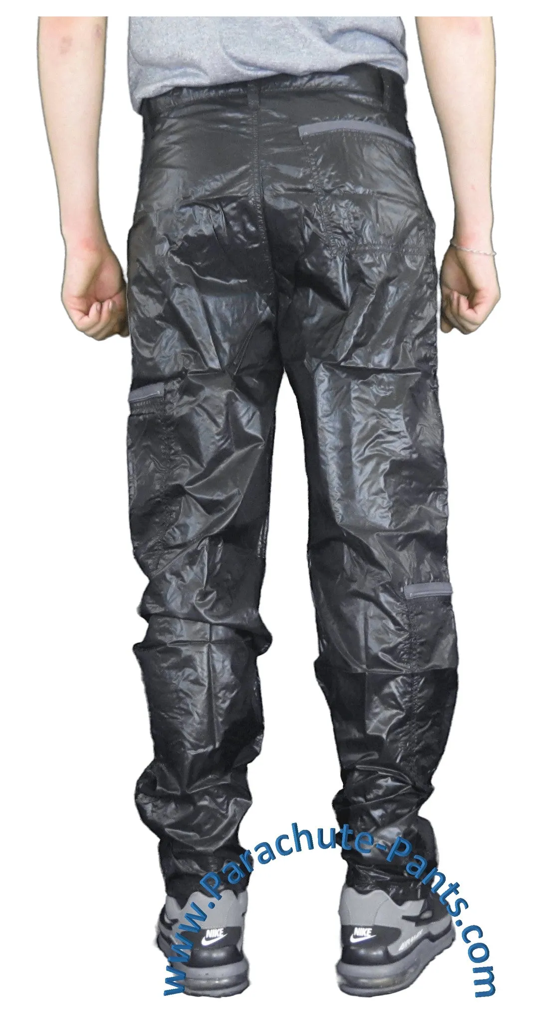 Panno D'Or Black Thin Nylon Parachute Pants with Grey Zippers