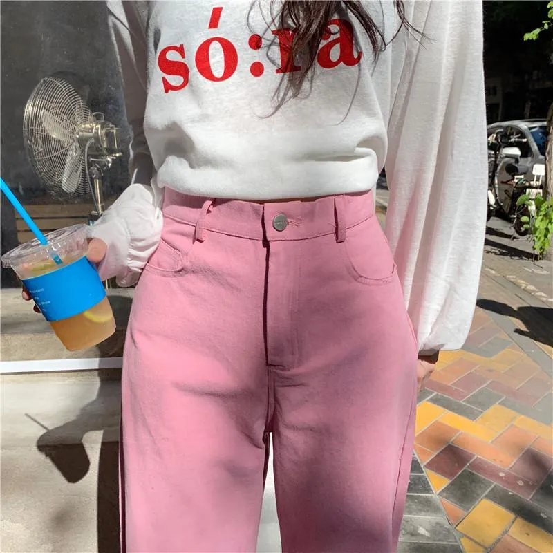 Pink Vintage Aesthetic High Waist Straight Loose Pants