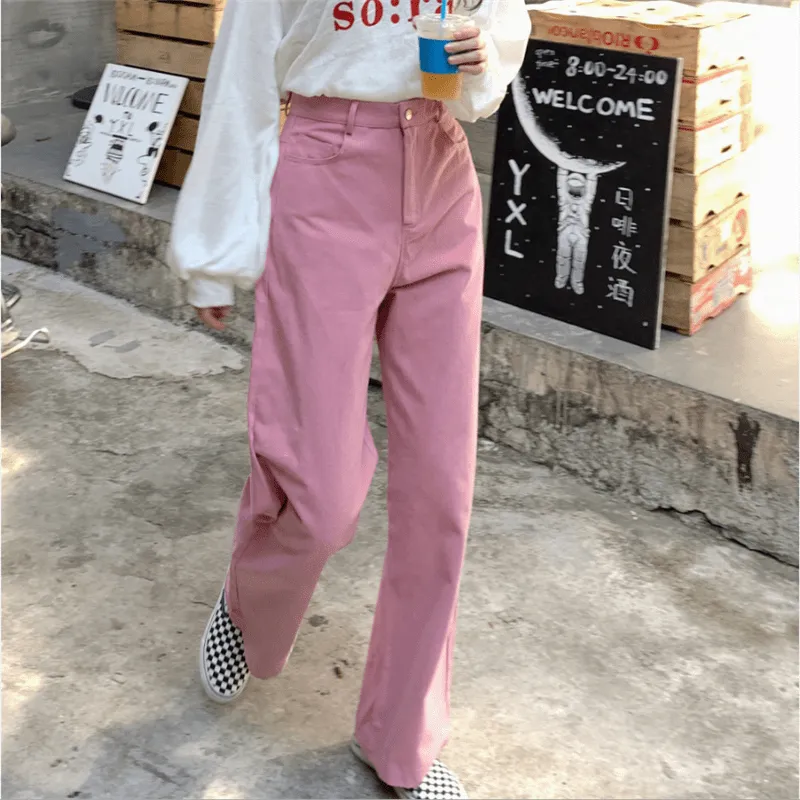 Pink Vintage Aesthetic High Waist Straight Loose Pants