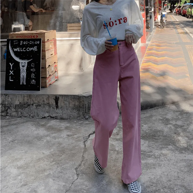 Pink Vintage Aesthetic High Waist Straight Loose Pants