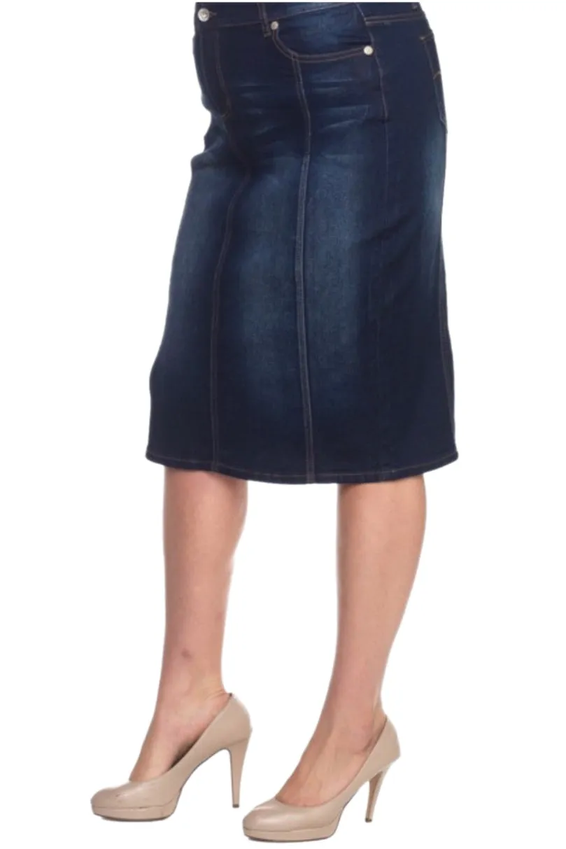 Plus Panel Denim Pencil Skirt Style 77105X Dark Indigo Wash