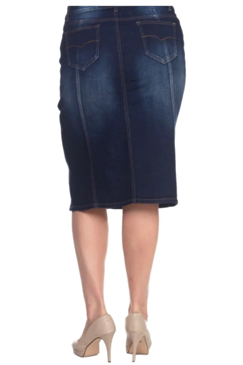 Plus Panel Denim Pencil Skirt Style 77105X Dark Indigo Wash