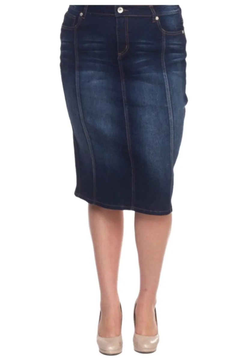 Plus Panel Denim Pencil Skirt Style 77105X Dark Indigo Wash