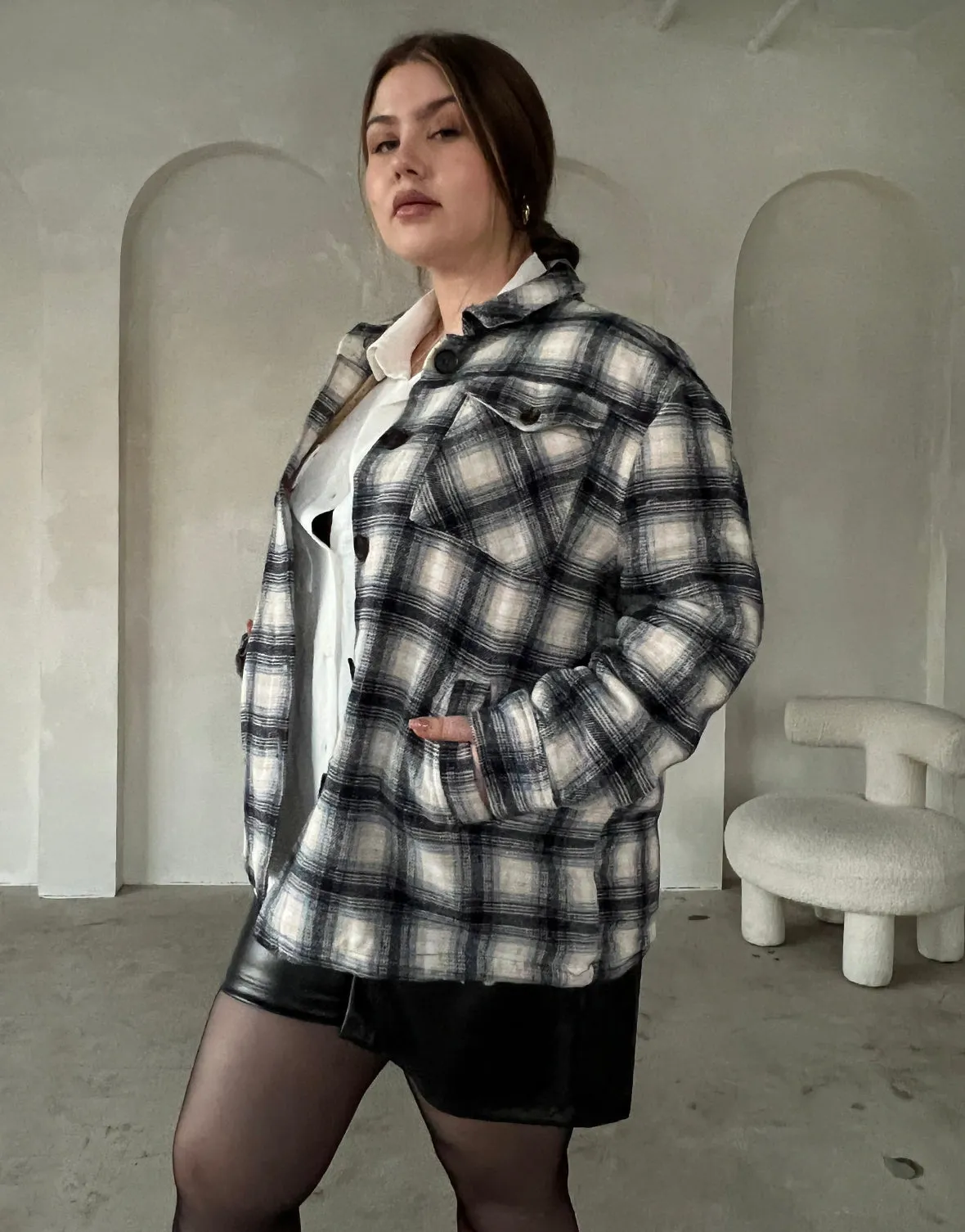 Plus Size Fuzzy Lined Plaid Coat