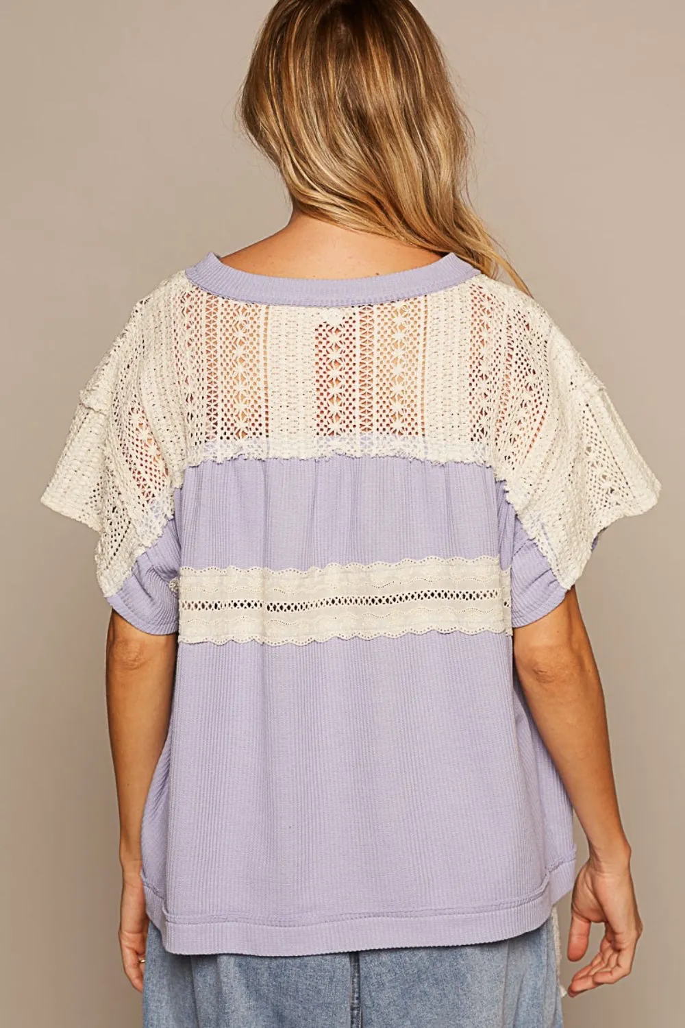 POL V-Neck Short Sleeve Crochet Detail Top