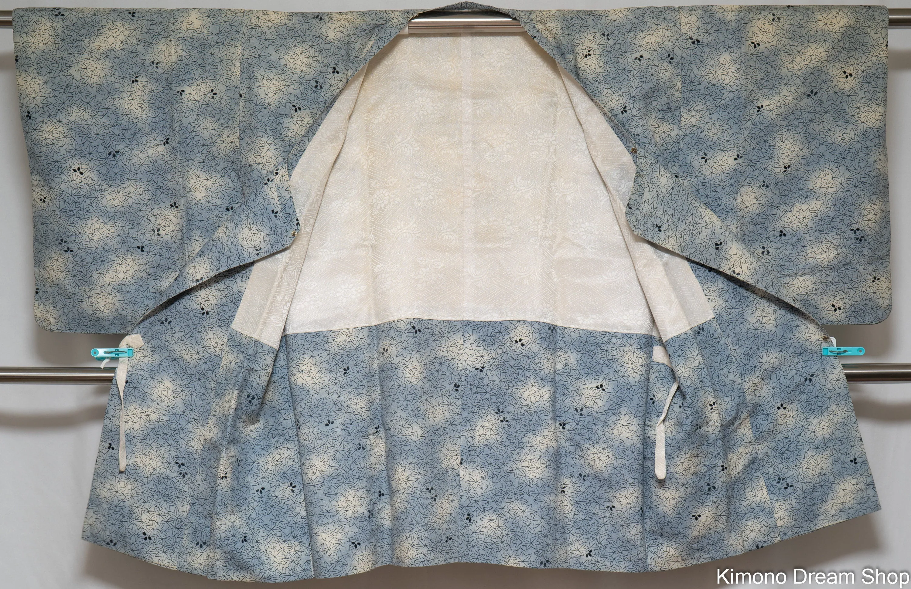 Raw Silk Blue Maple Leaves Haori - Vintage Japanese Kimono Jacket - Acer Palmatum - Large Storage Staining on Back