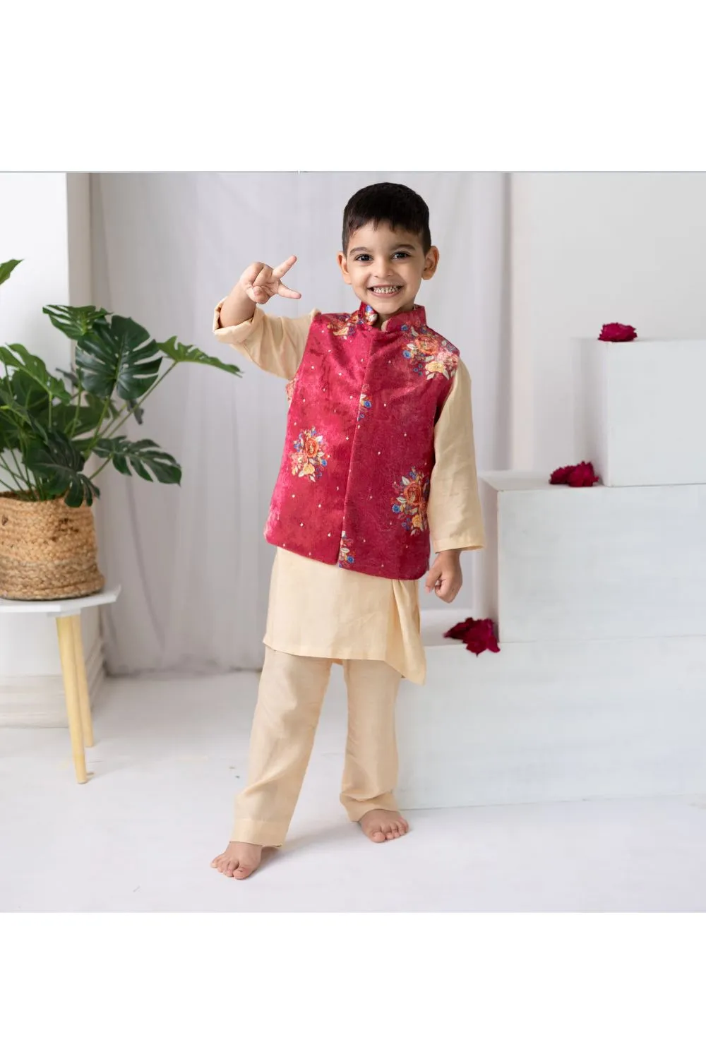 Red Muslin Kurta And Pyjama With Floral Printed Jacket Set