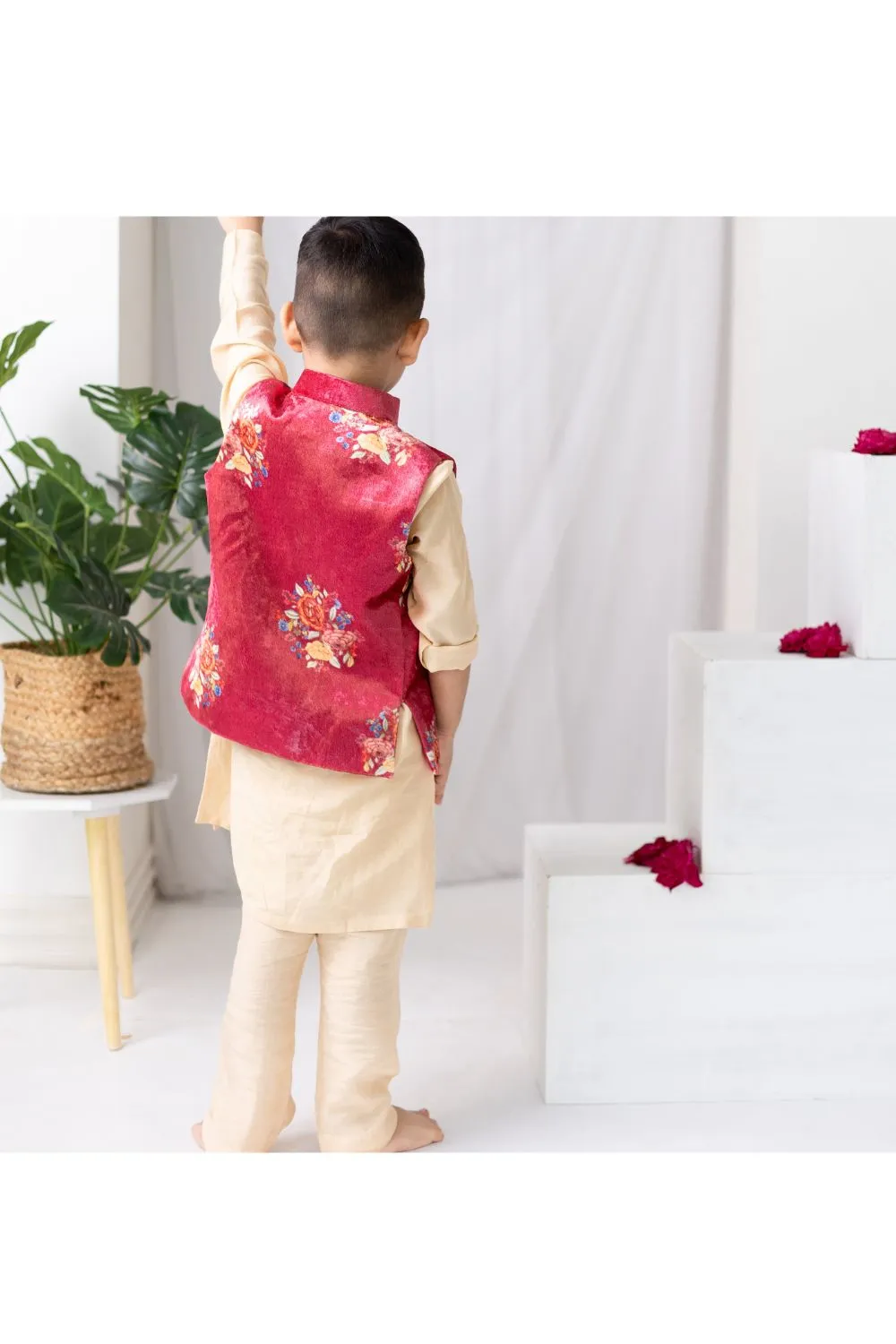 Red Muslin Kurta And Pyjama With Floral Printed Jacket Set