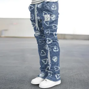 Retro Love Denim Blue Casual Street Trousers