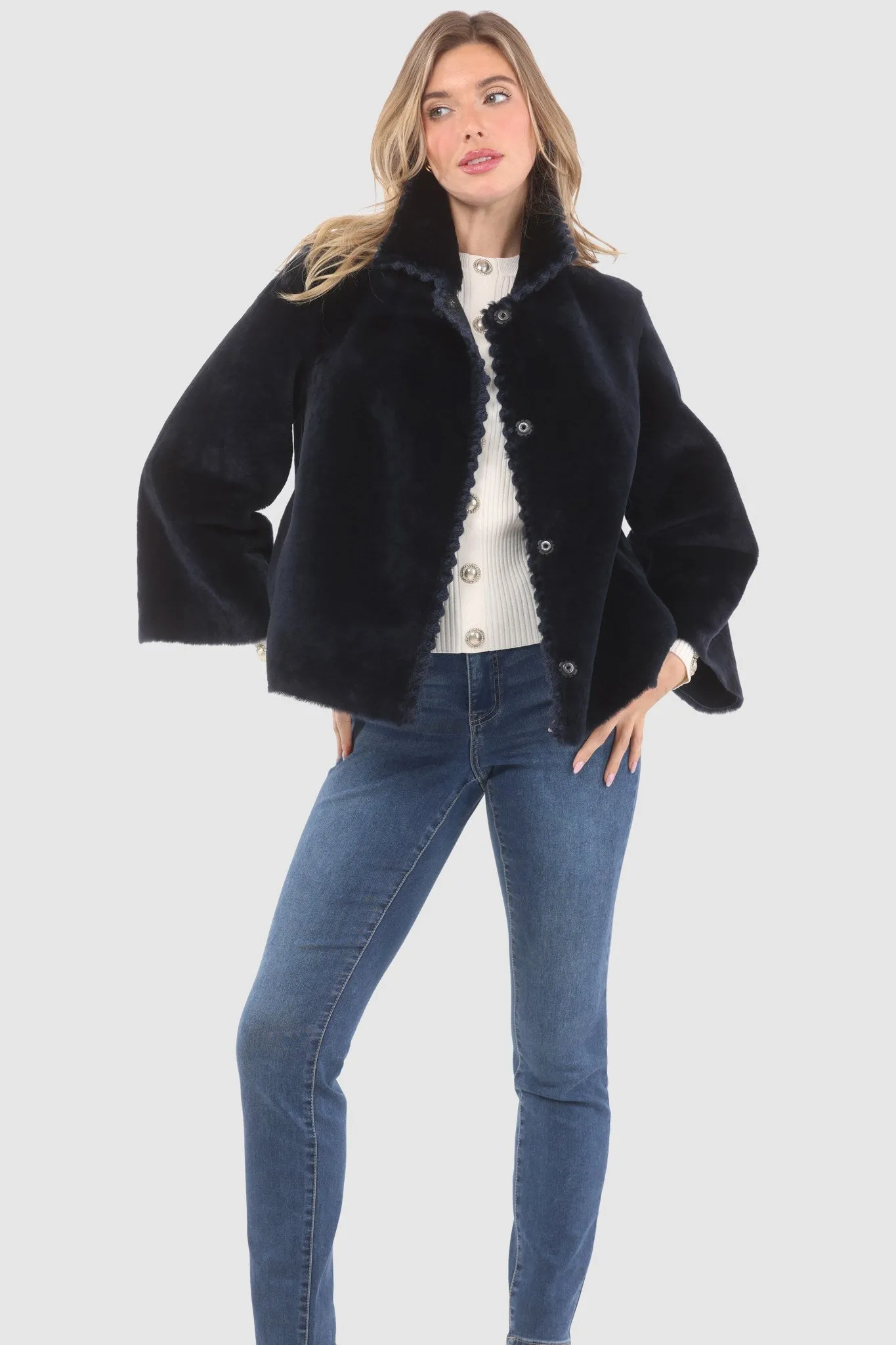 Reversible Select Shearling Jacket with Embroiderd Trim