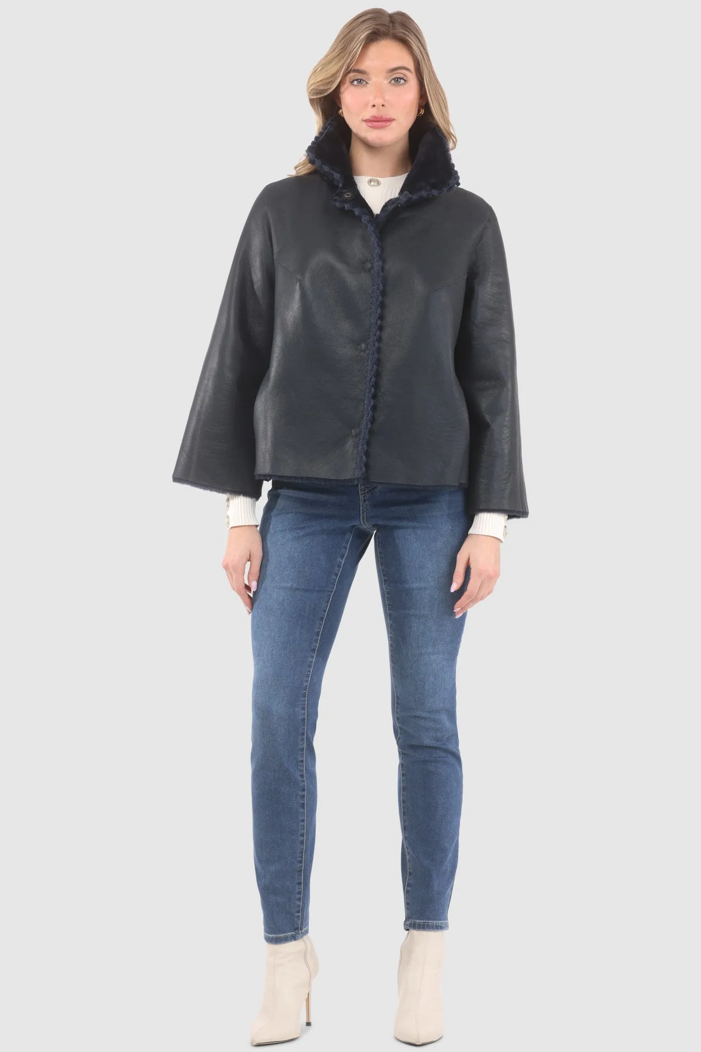 Reversible Select Shearling Jacket with Embroiderd Trim