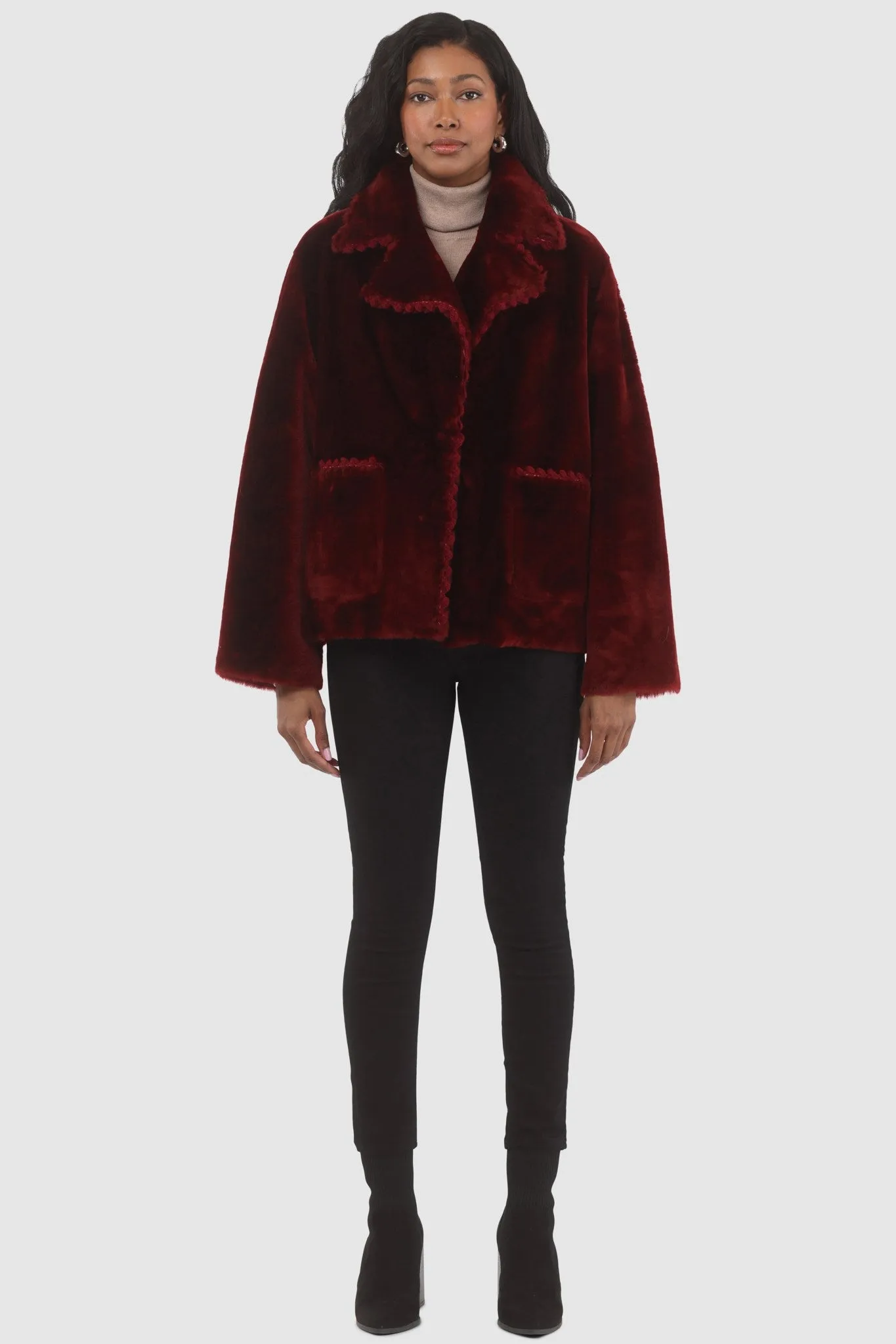 Reversible Select Shearling Lamb Jacket with Embroidered Trim