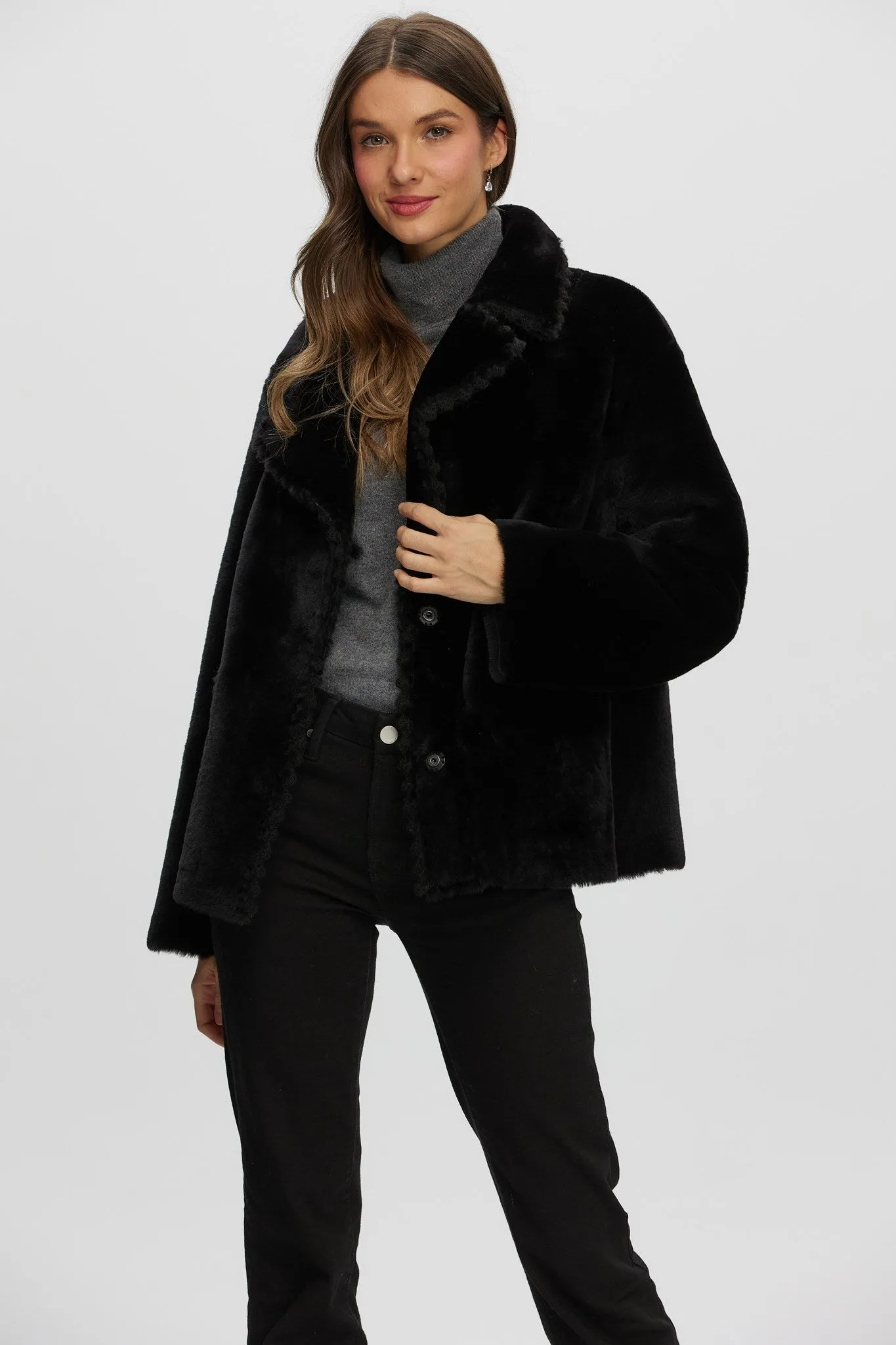 Reversible Select Shearling Lamb Jacket with Embroidered Trim