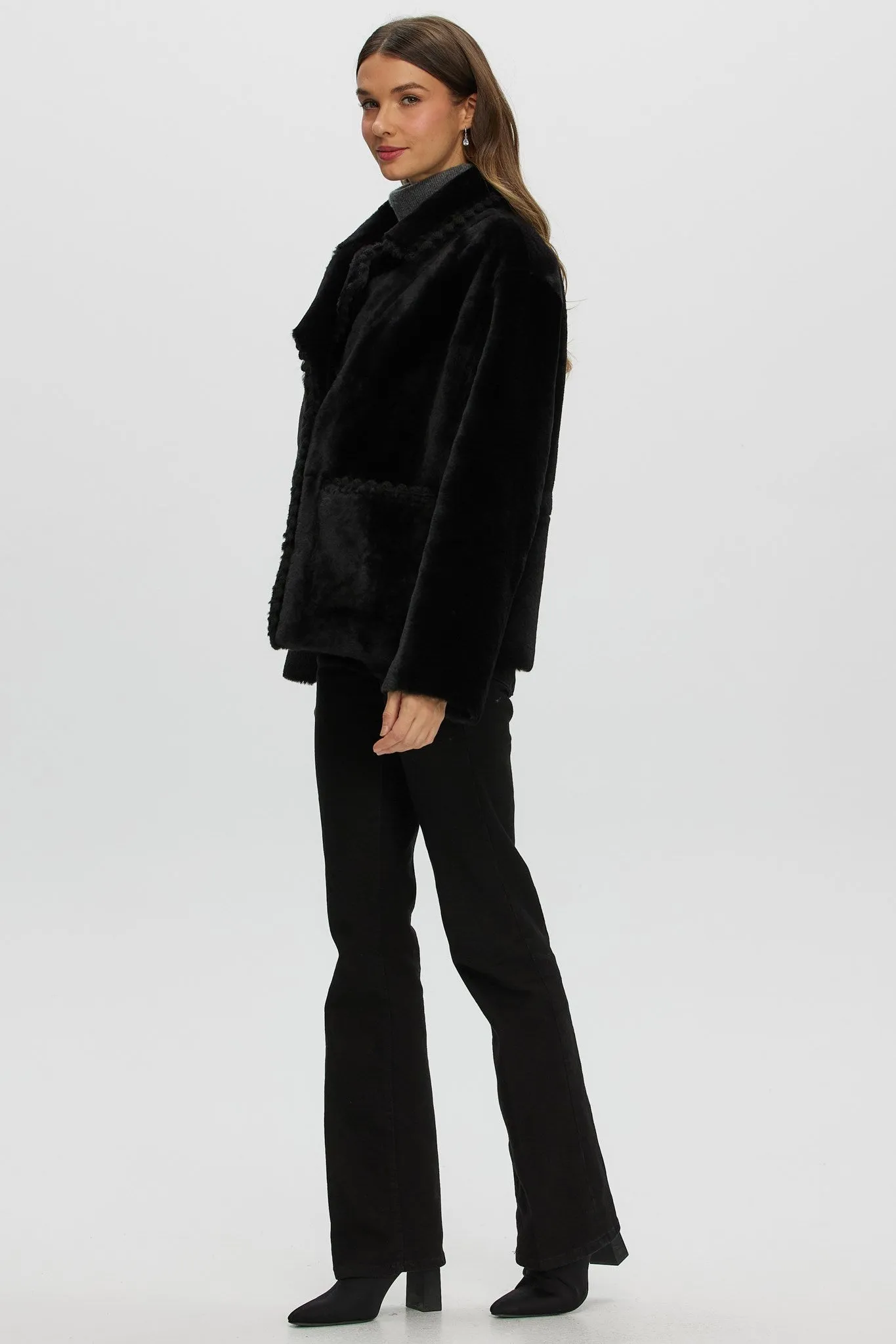 Reversible Select Shearling Lamb Jacket with Embroidered Trim