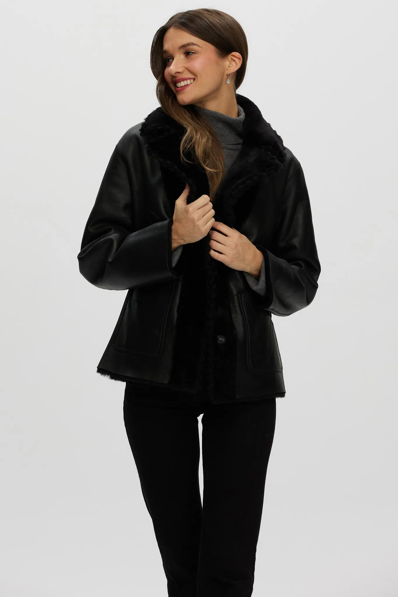 Reversible Select Shearling Lamb Jacket with Embroidered Trim