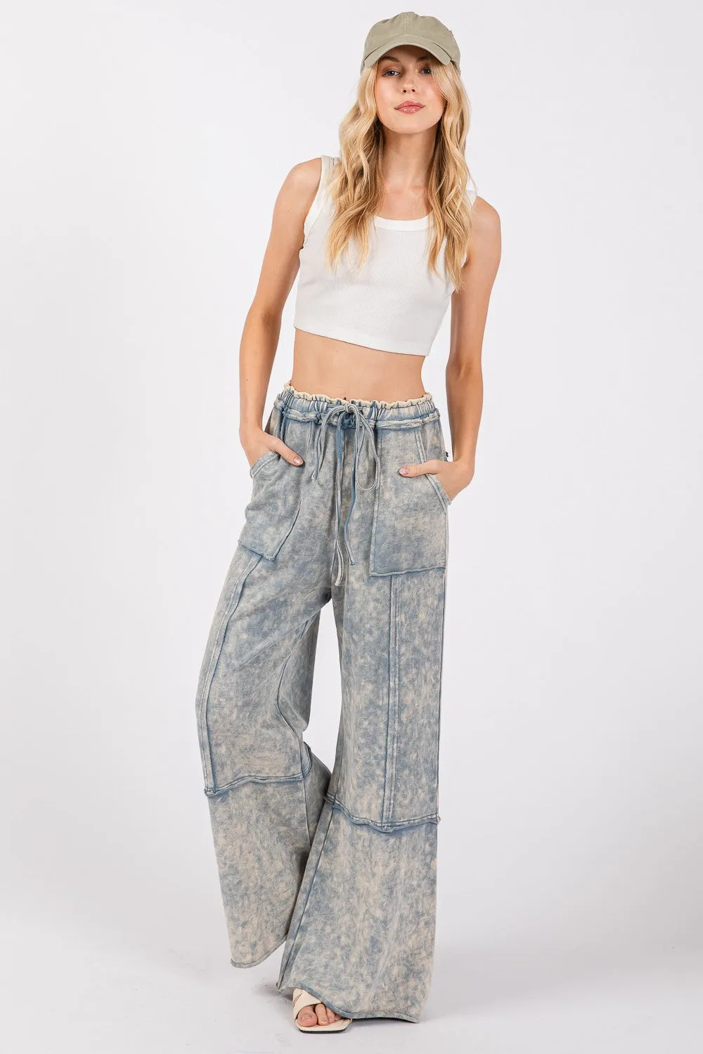 Rhode Mineral Washed Terry Wide Leg Pants - Slate Blue